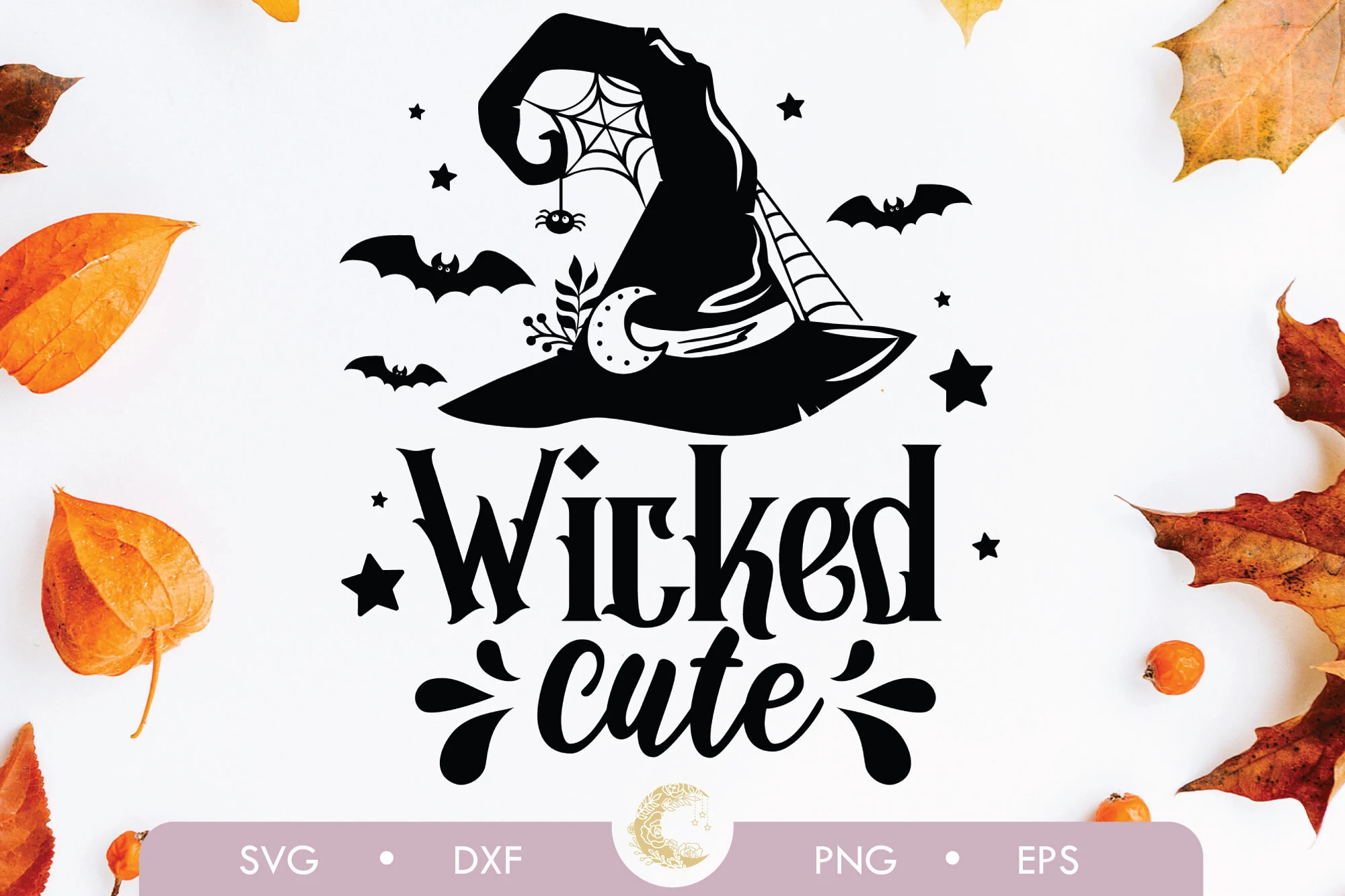 Wicked Cute Halloween Svg featuring a black witch's hat silhouette with a spiderweb, spider, and moon above the words "Wicked cute" in decorative lettering, with bats and stars around the composition.