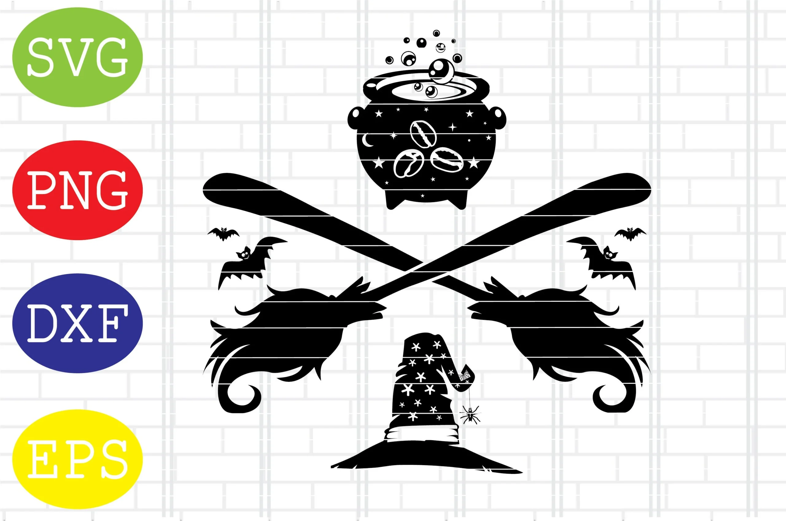 Witch Cauldron Coffee Svg, Halloween Svg — black Halloween illustration with a bubbling cauldron, crossed broomsticks, bats, and a star-patterned witch's hat with a hanging spider.