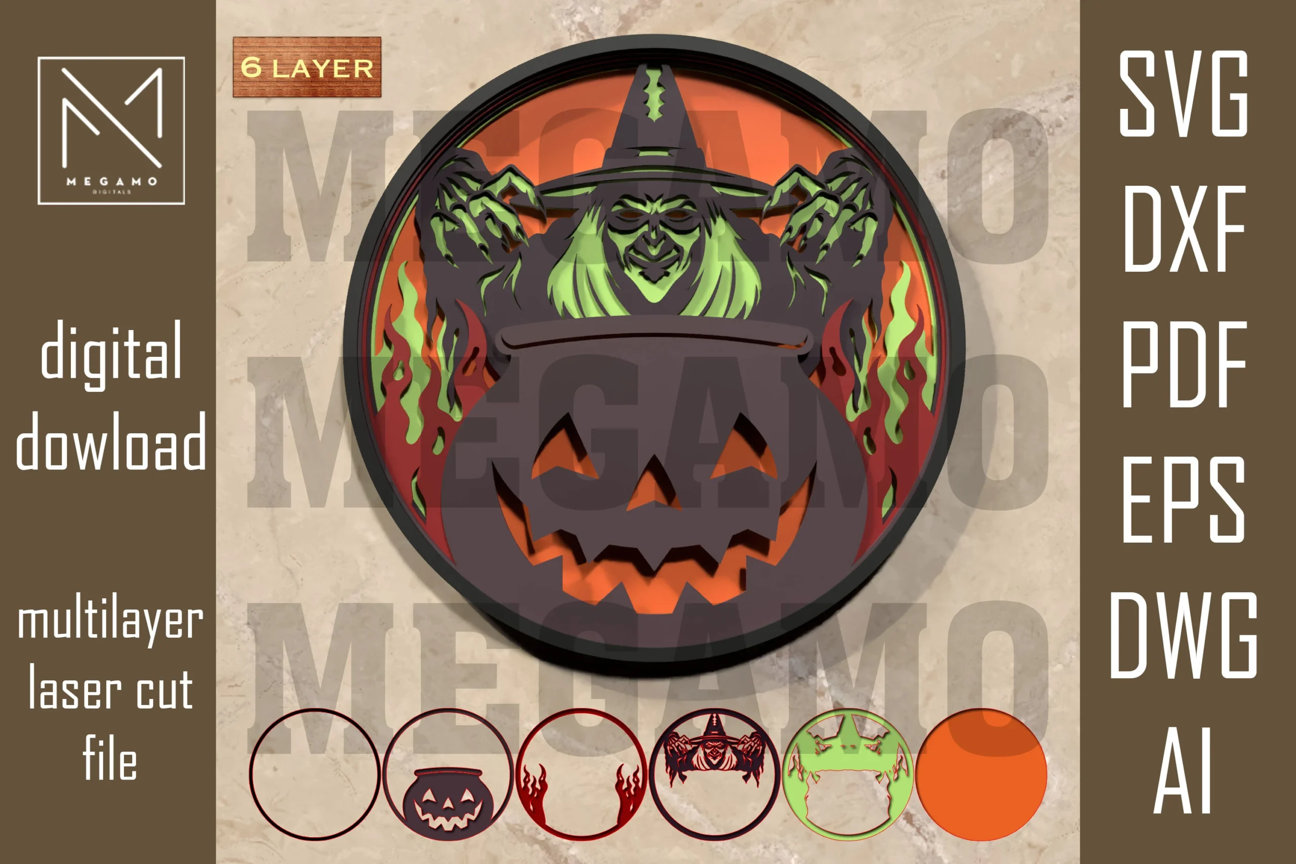 Witch Cauldron Halloween Sign SVG showing a circular six-layer design with a witch behind a jack-o'-lantern cauldron and stylized flames.