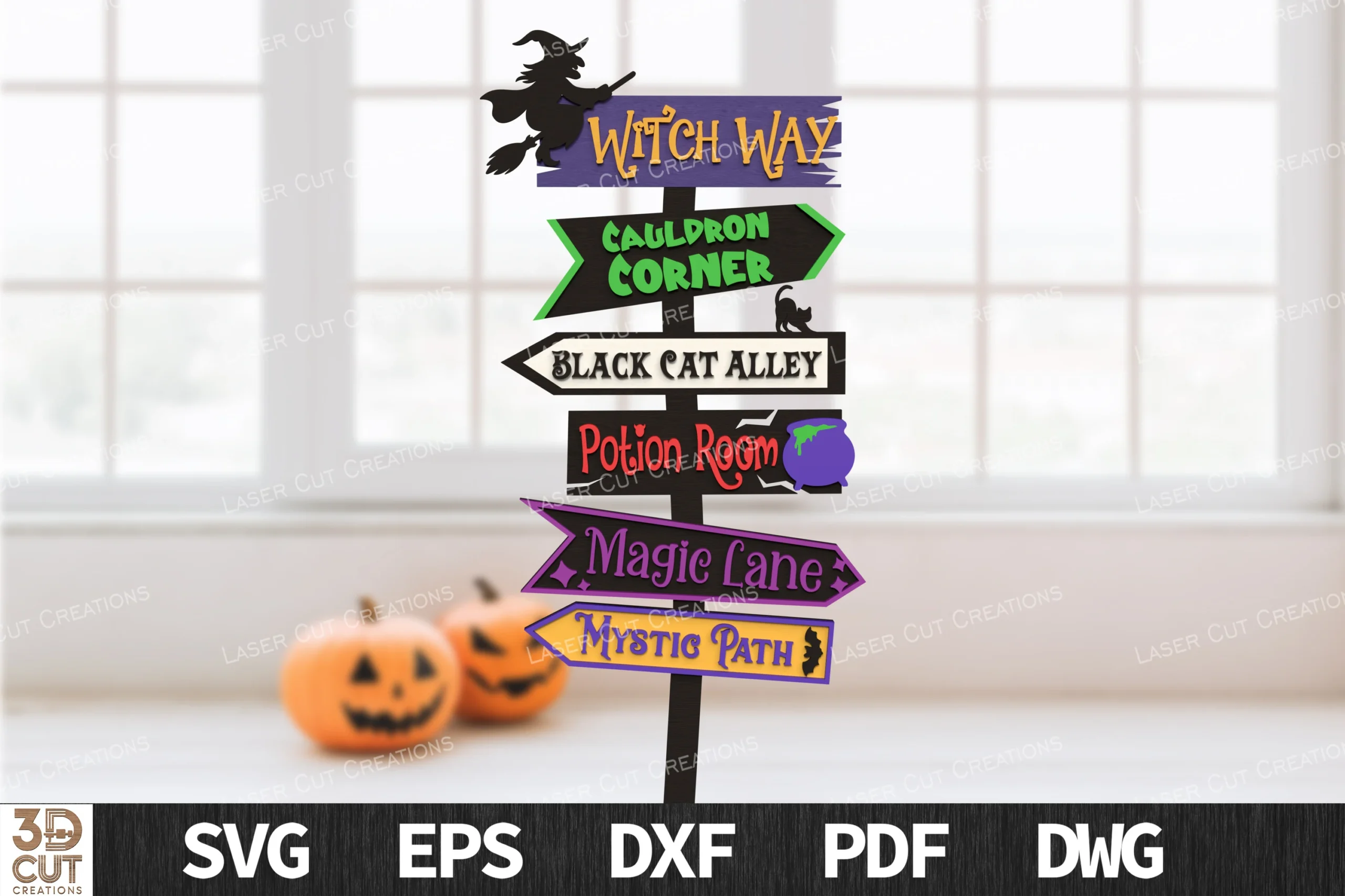 Witch Halloween Sign SVG Laser Cut featuring six directional arrows labeled Witch Way, Cauldron Corner, Black Cat Alley, Potion Room, Magic Lane, and Mystic Path, with witch, cat, and cauldron silhouettes.