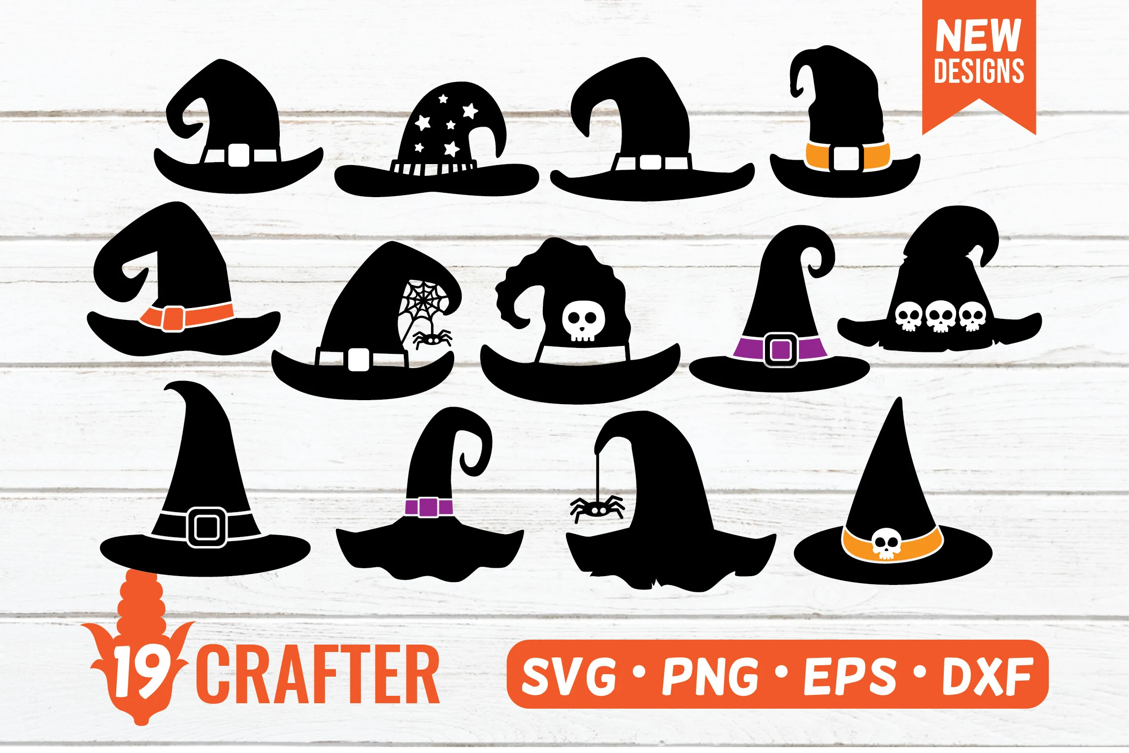 Witch Hat Halloween SVG Bundle. featuring Twelve varied witch hat silhouettes with pointed, drooping, and brim-heavy shapes and Seasonal motifs including cobwebs, spiders, skulls, and stars