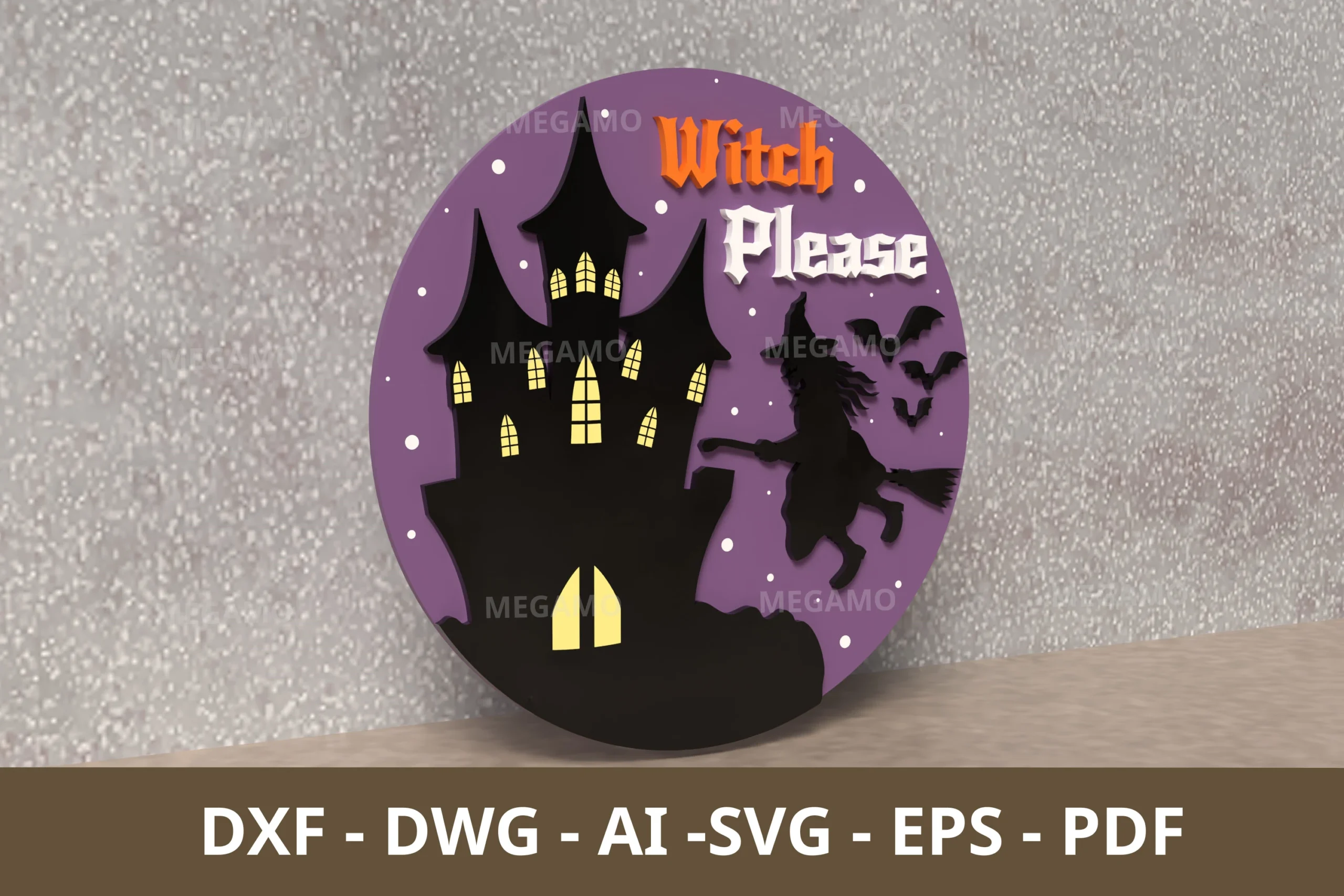 Witch Please Halloween Sign SVG showing a purple circular sign with a layered black haunted castle silhouette, flying witch, bats, and stacked Witch Please text.
