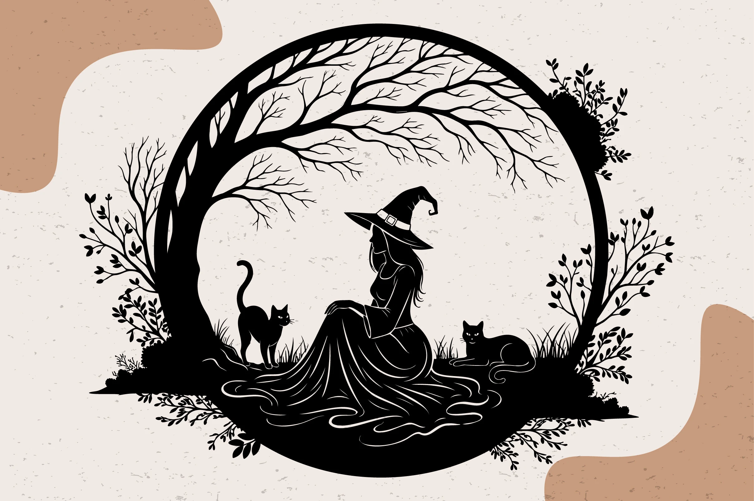 Witch with Cats Wreath Frame SVG is a black circular silhouette illustration of a seated witch under a tree with two cats, surrounded by branches, bushes, and foliage.