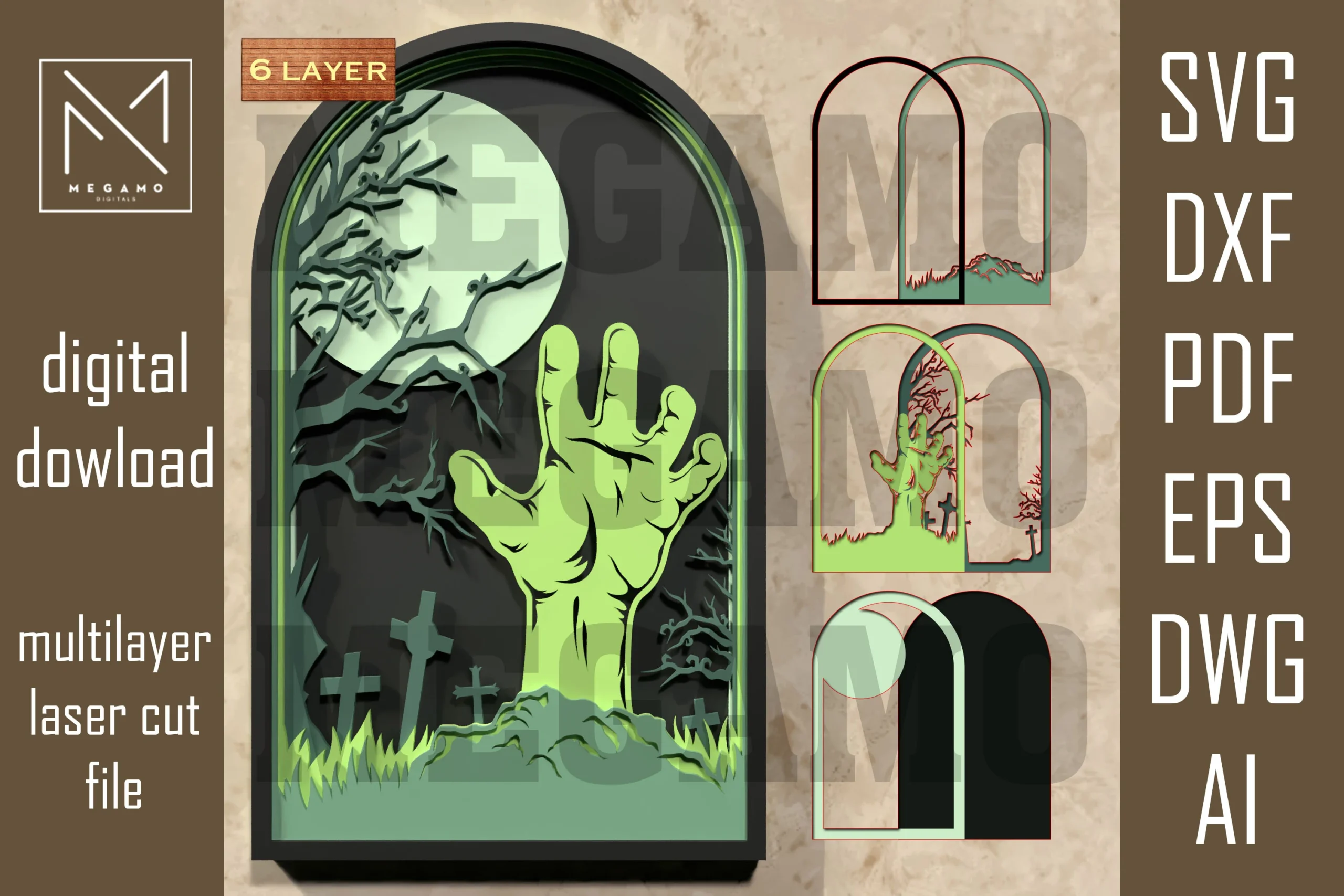 Zombie Hand Halloween Sign SVG showing a layered arched graveyard scene with a circular moon, barren trees, gravestones, and a zombie hand rising from the ground.
