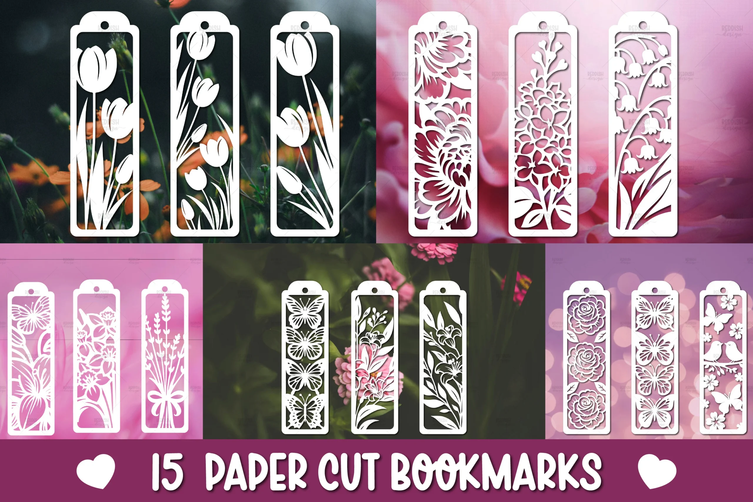 15 Floral Bookmarks Paper Cut SVG featuring flowers and tulips