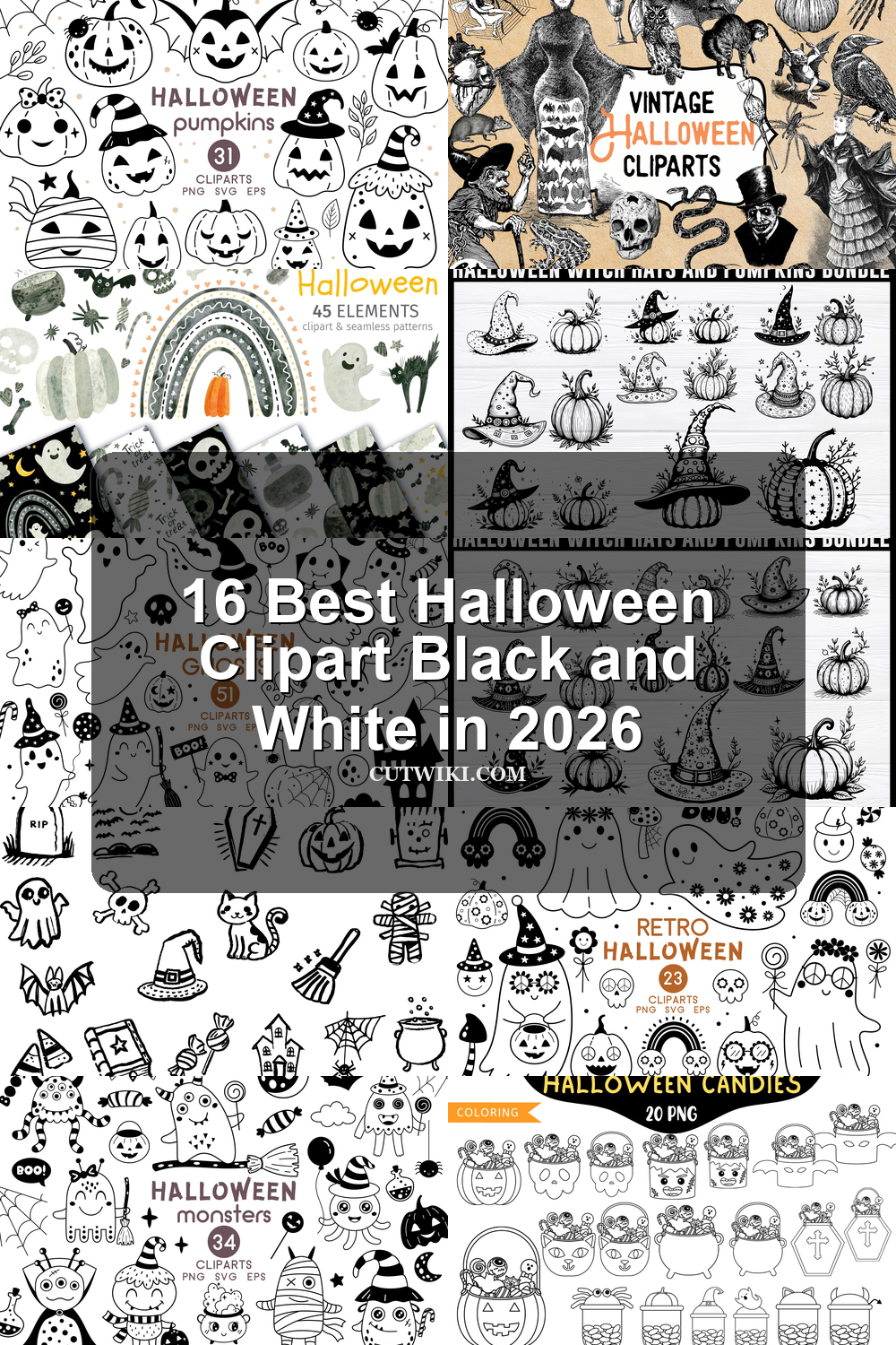 16 Best Halloween Clipart Black and White in 2026 article preview collage featuring 10 design examples.
