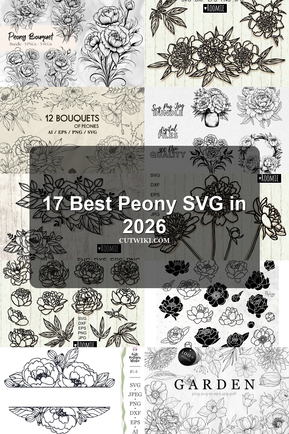 17 Best Peony SVG in 2026 article preview collage featuring 10 design examples.