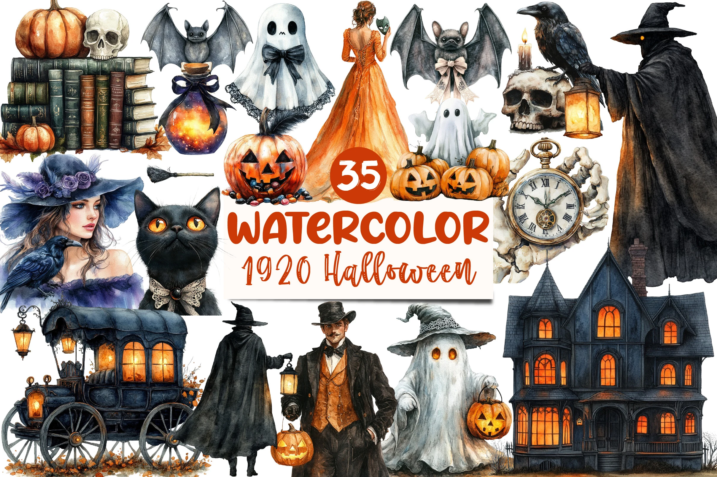 1920 Vintage Halloween Clipart featuring pumpkins and skulls