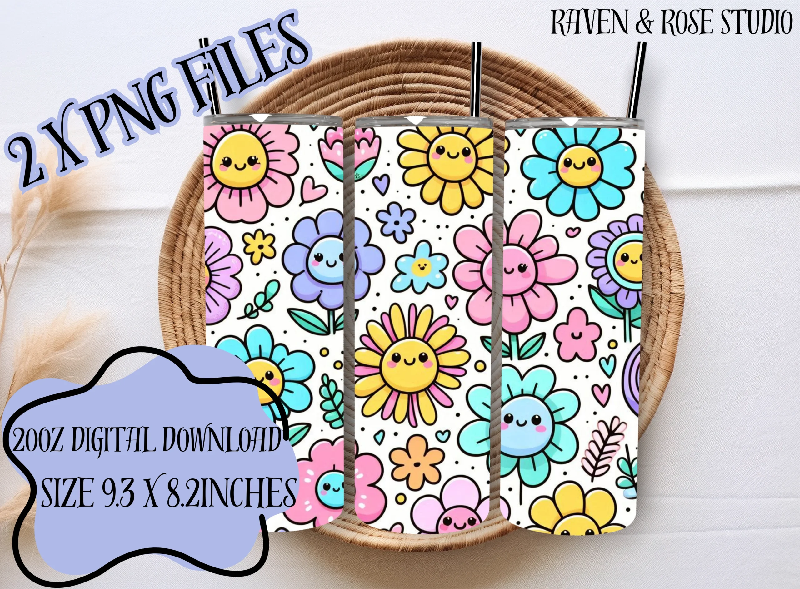 2 Retro Smiley Flower Tumbler Wraps 20oz preview showing botanical motifs with period-inspired styling