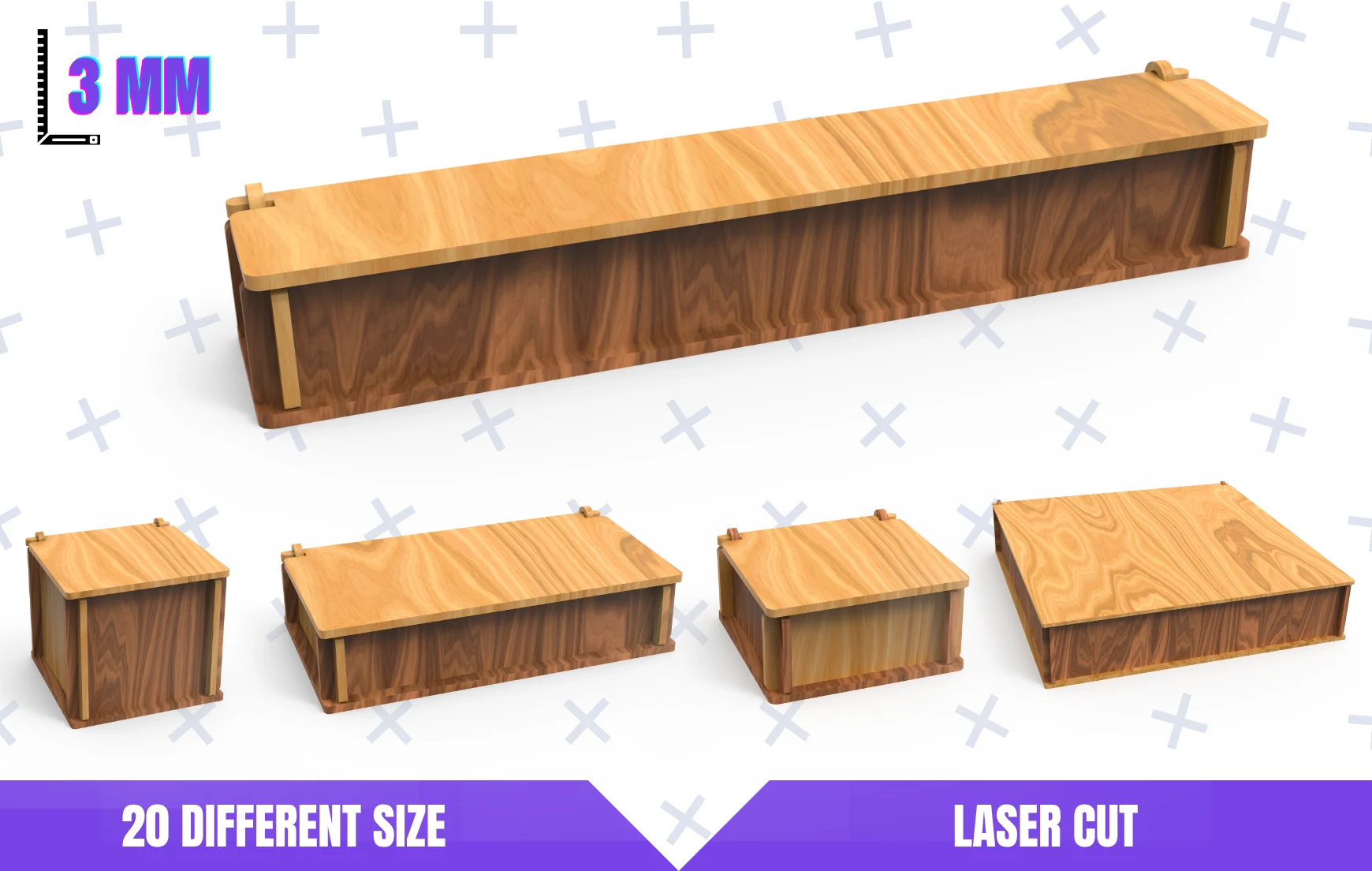 20 Diffrent Laser Cut Square Boxes featuring wooden box and rectangular container