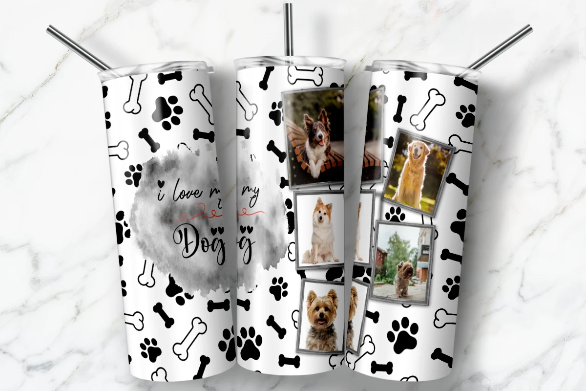 20 Oz Dog Paw Photo Frame Tumbler Wrap featuring dogs and paw prints