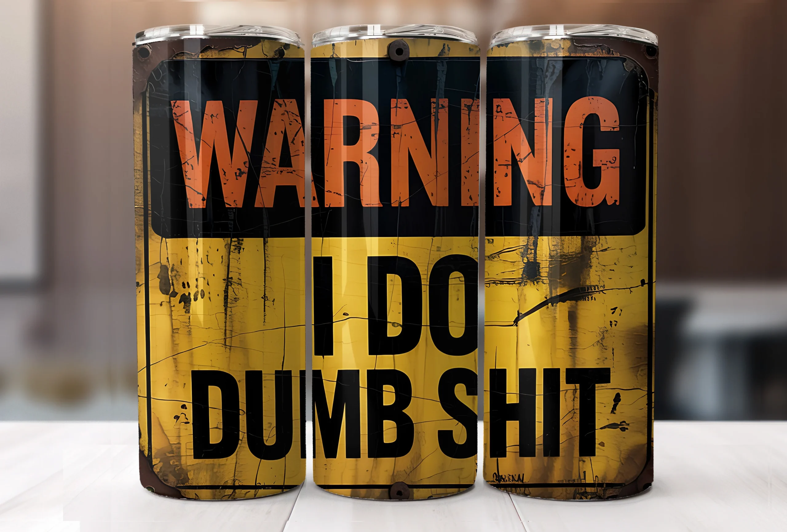 20oz Funny Warning Rusty Metal Tumbler featuring industrial hazard sign and distressed texture