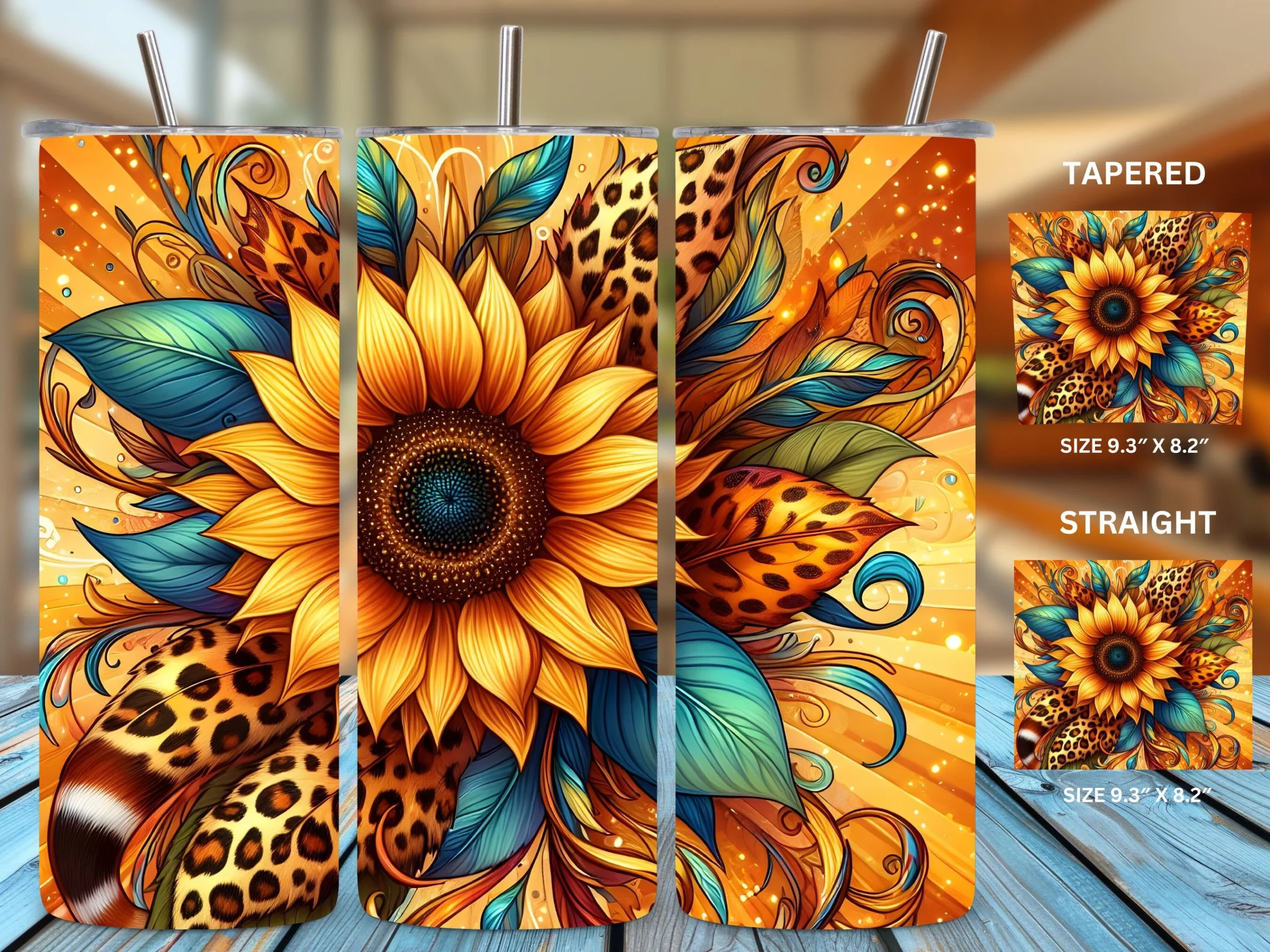 20oz Sunflowers Leopard Tumbler Wraps featuring sunflower and leaves