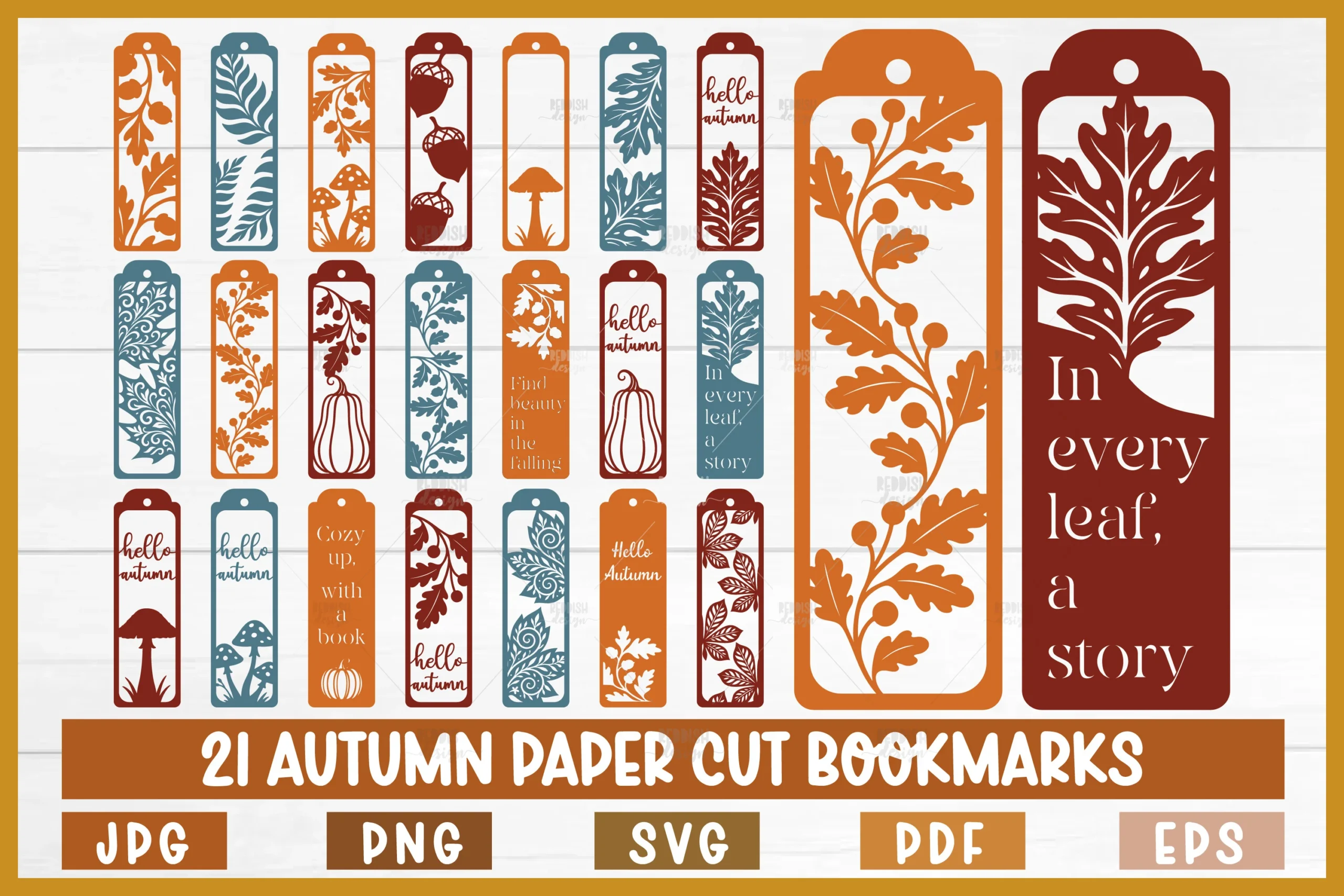 21 Autumn Paper Cut Bookmarks SVG featuring autumn leaves and acorns