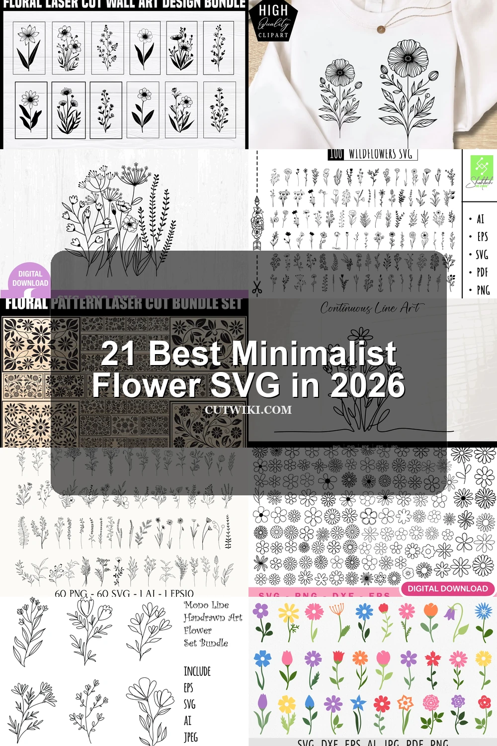 21 Best Minimalist Flower SVG in 2026 article preview collage featuring 10 design examples.