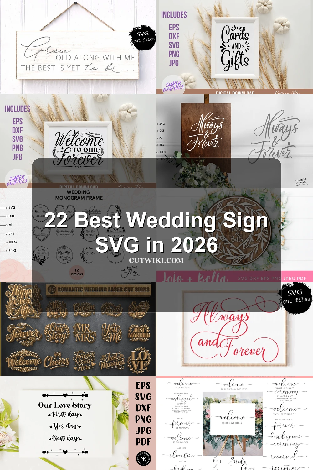 22 Best Wedding Sign SVG in 2026 article preview collage featuring 10 design examples.