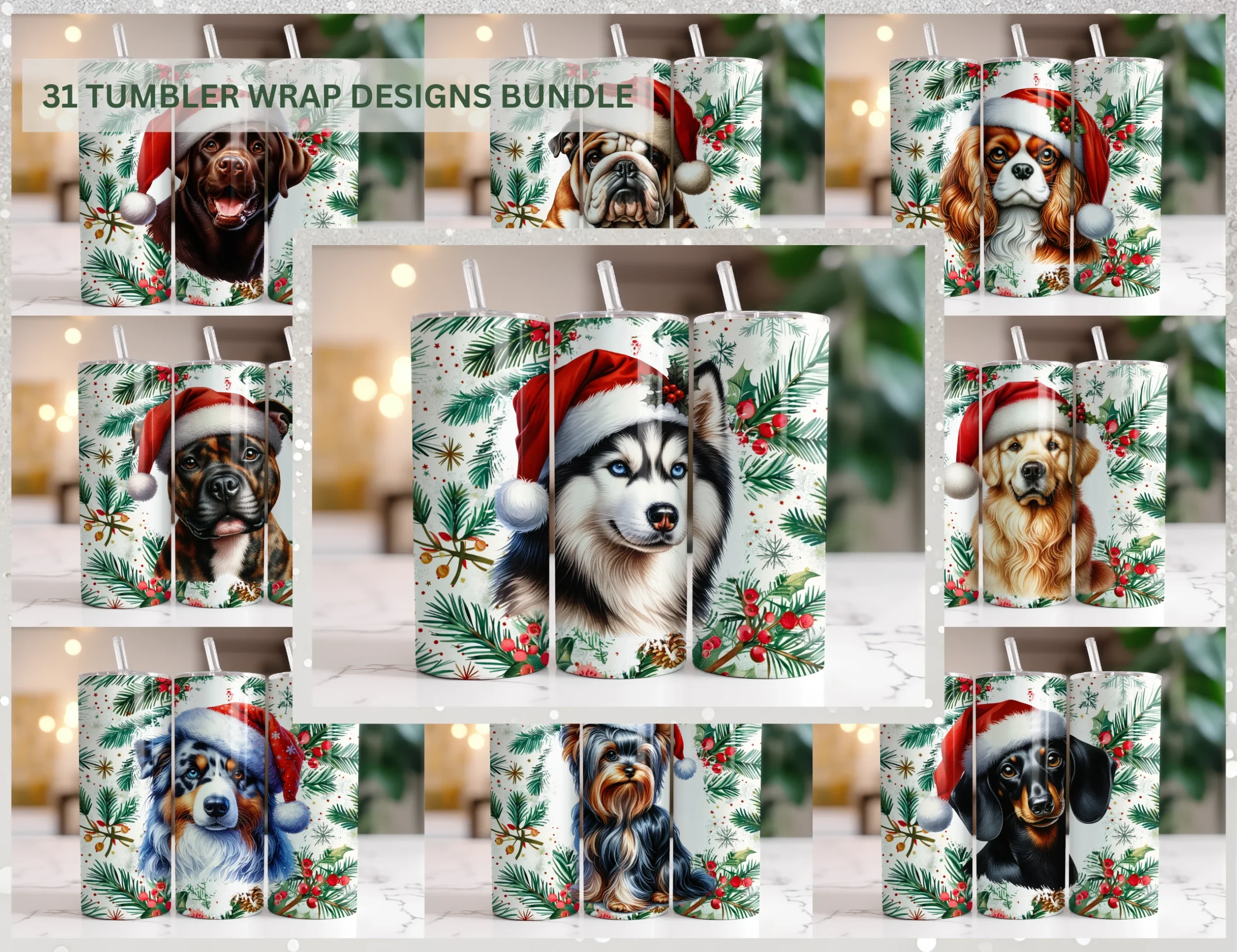 31 Christmas Dogs Tumbler Wrap Bundle preview showing dogs with composition