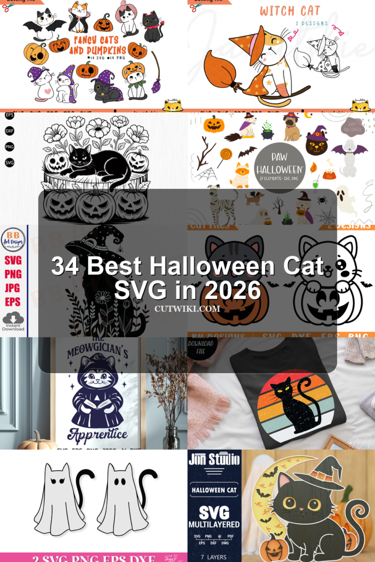 34 Best Halloween Cat SVG in 2026 article preview collage featuring 10 design examples.