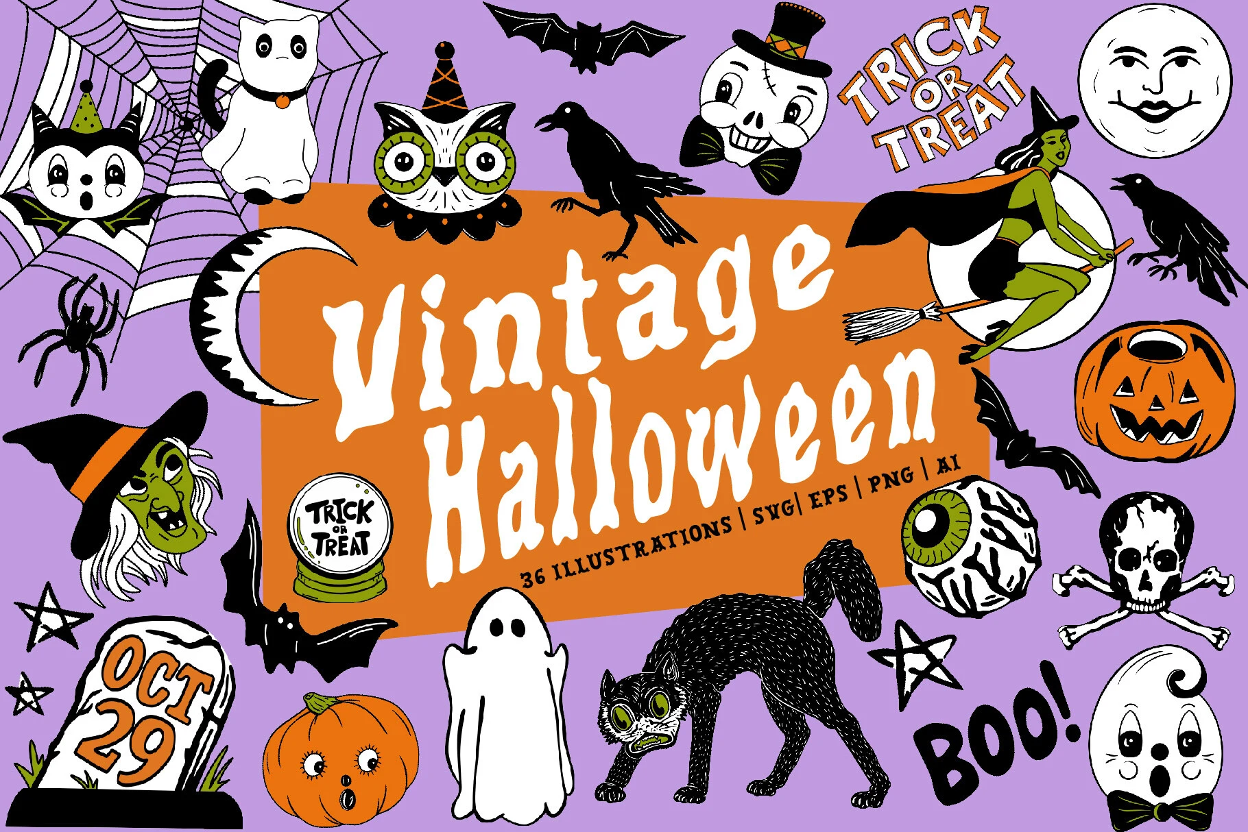 36 Vintage Halloween Clipart & Patterns featuring Halloween characters and pumpkins