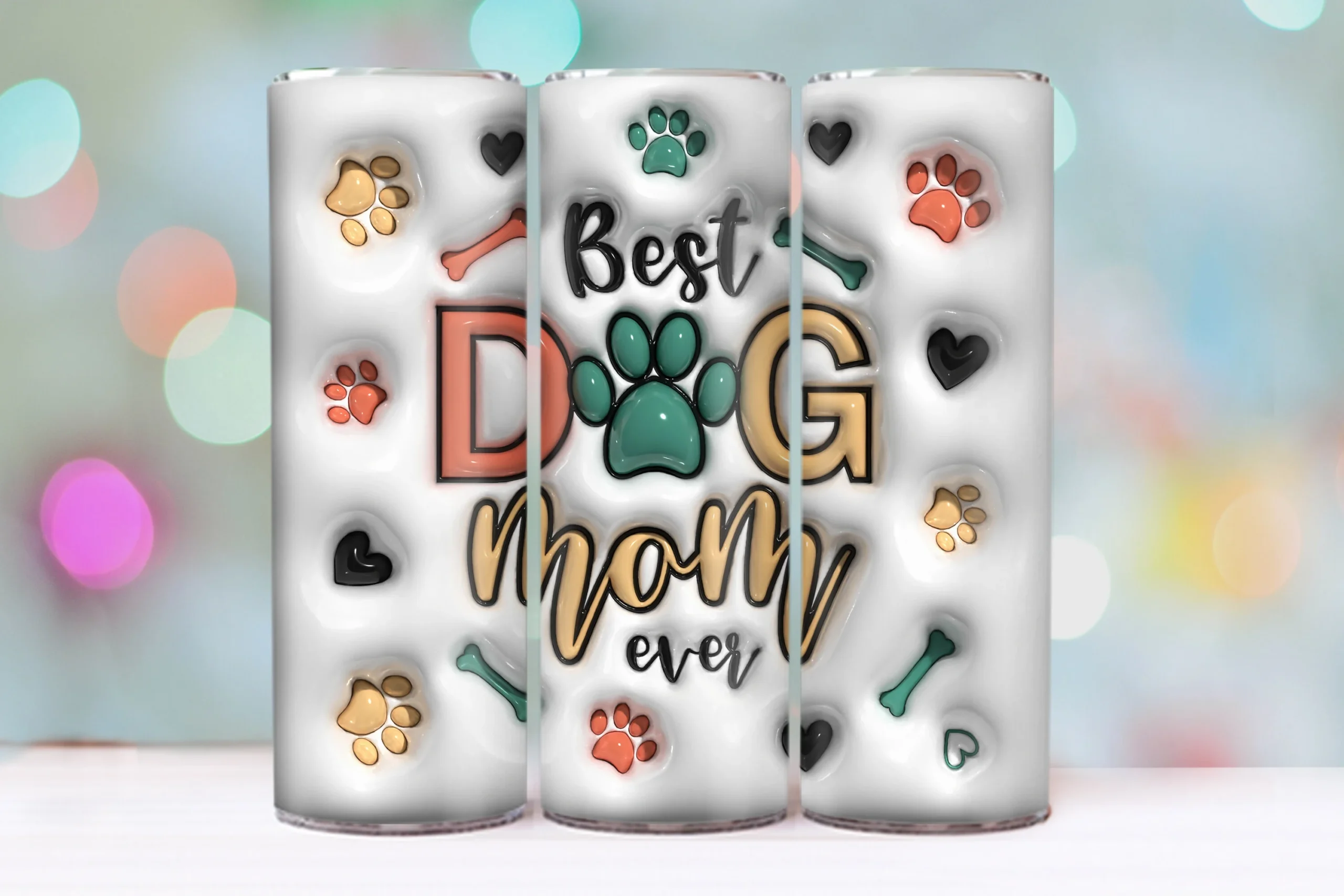 3D Best Dog Mom Ever Inflated Tumbler featuring paw prints and dog bones