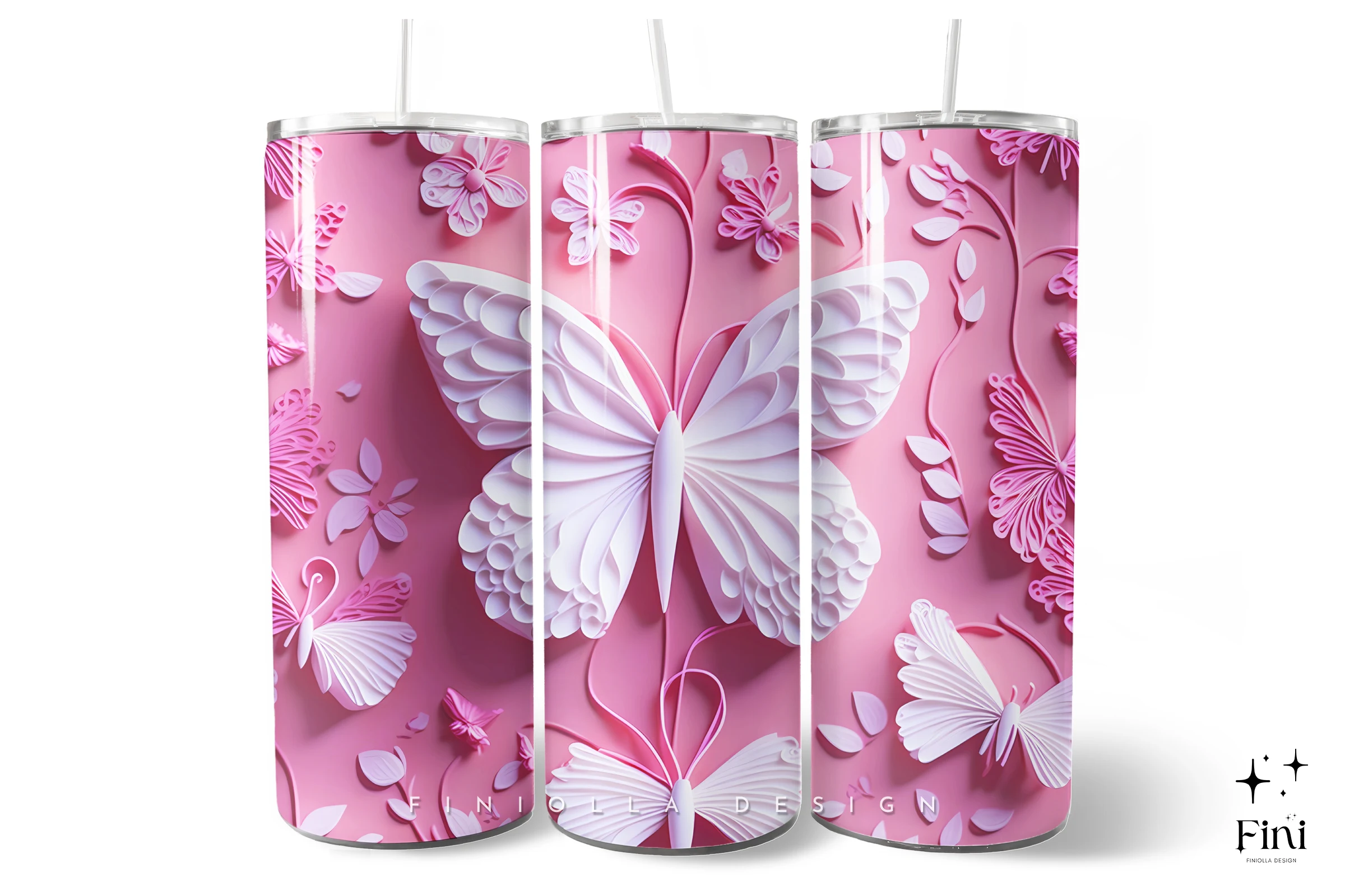 3D Butterfly Tumbler Wrap | Pink 6 preview showing botanical motifs with repeat-based layout