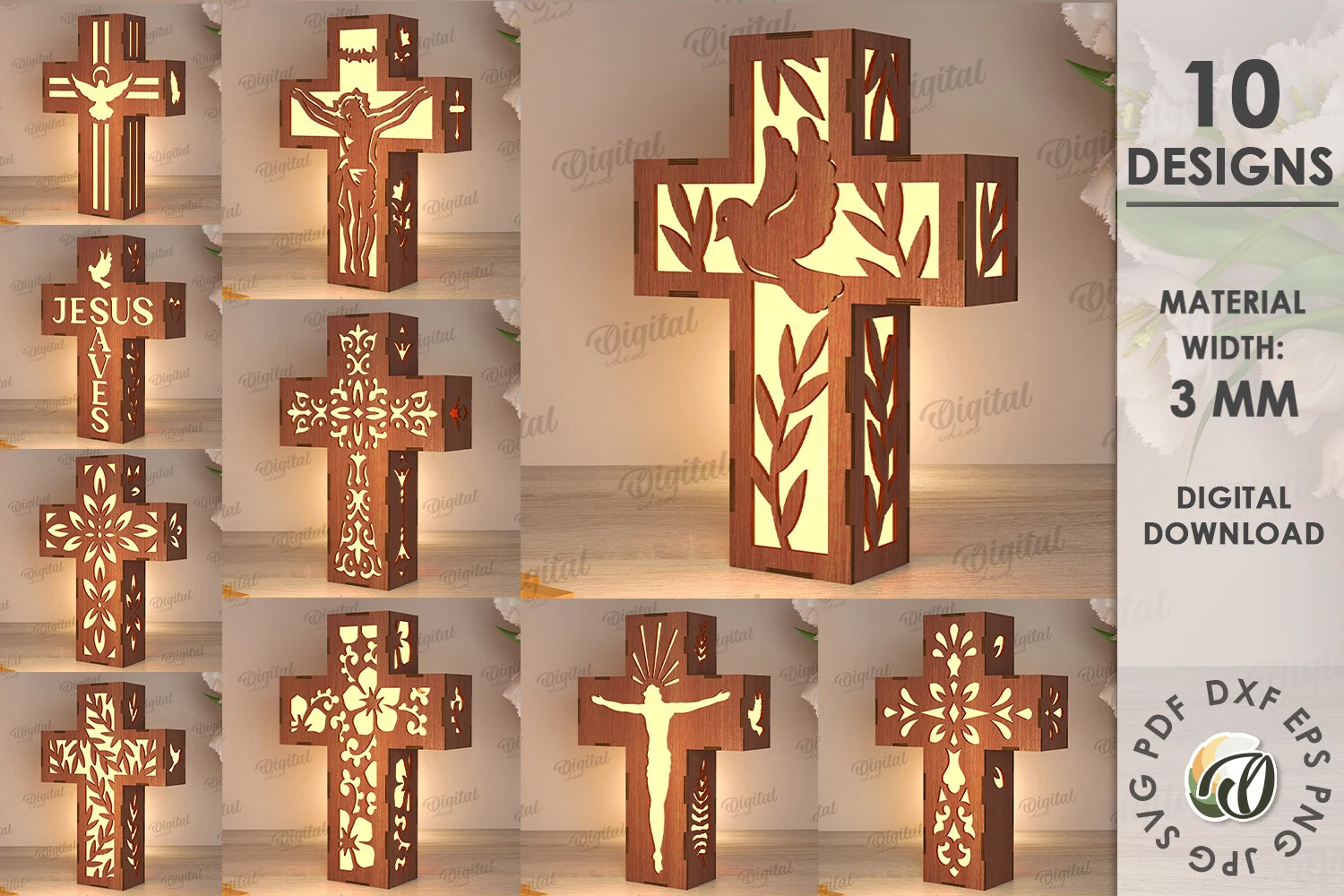 3D Cross Lamps Laser Cut Bundle preview showing laser-cut design with silhouette