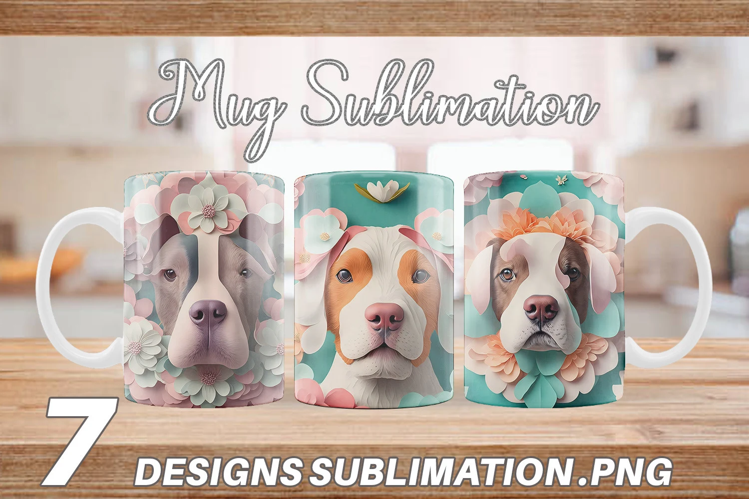 3D Dog Floral Mug Wrap | Sublimation featuring dog and flowers