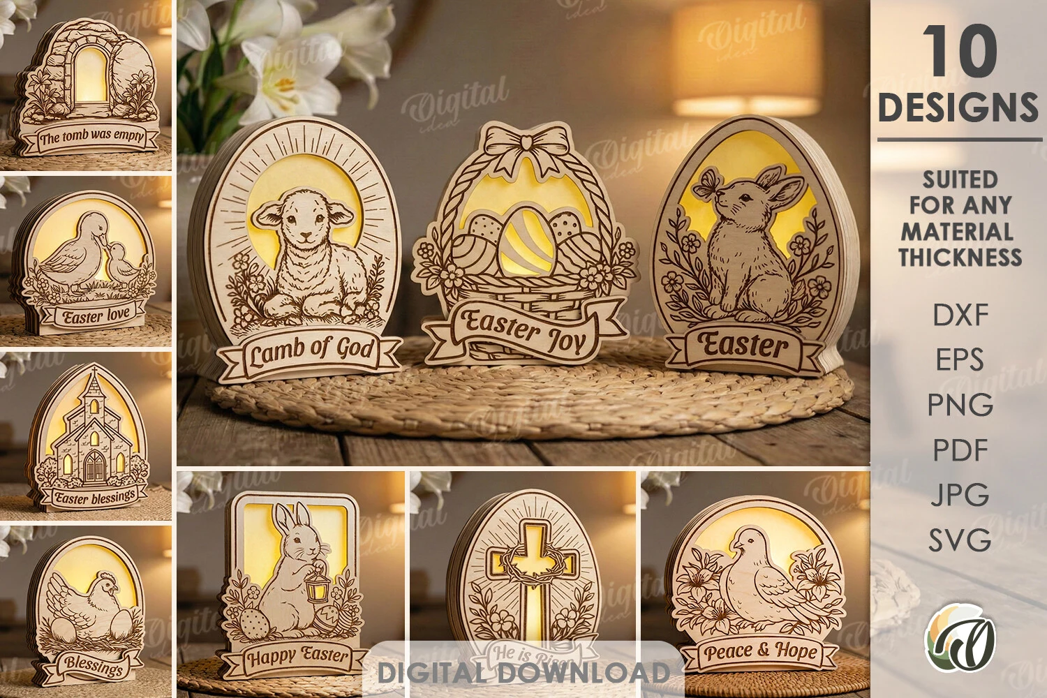 3D Easter Lamps Bundle Laser Cut preview showing laser-cut design with silhouette