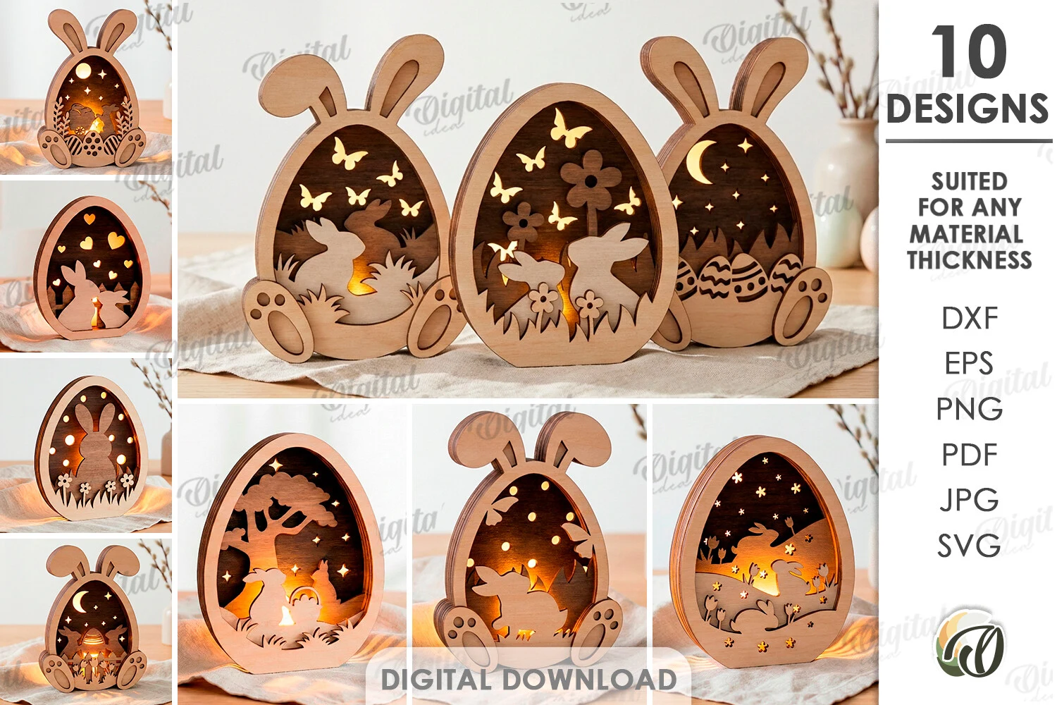 3D Easter Lamps Bundle Laser Cut preview showing laser-cut design with silhouette