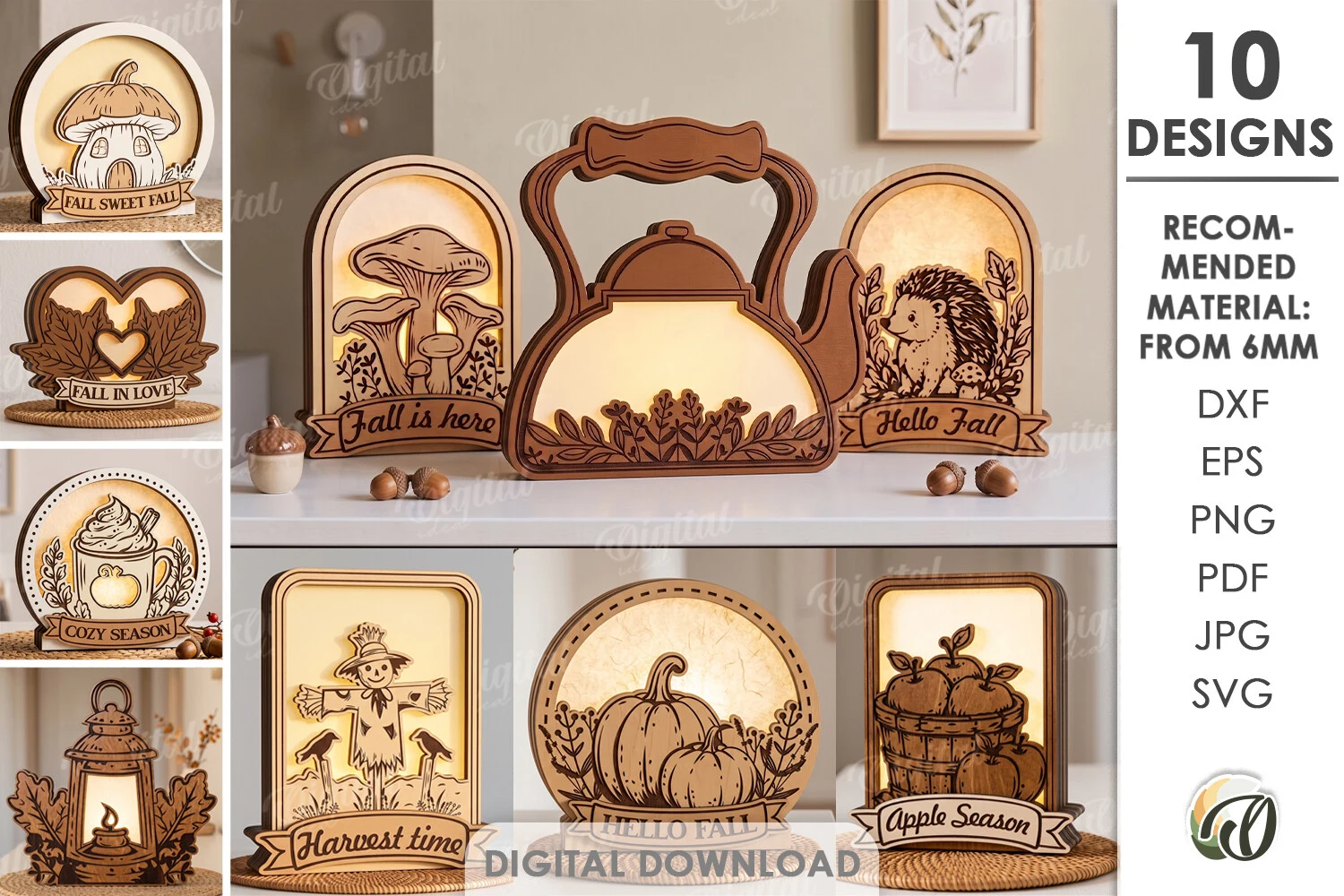 3D Fall Lamps Bundle Laser Cut preview showing laser-cut design with silhouette
