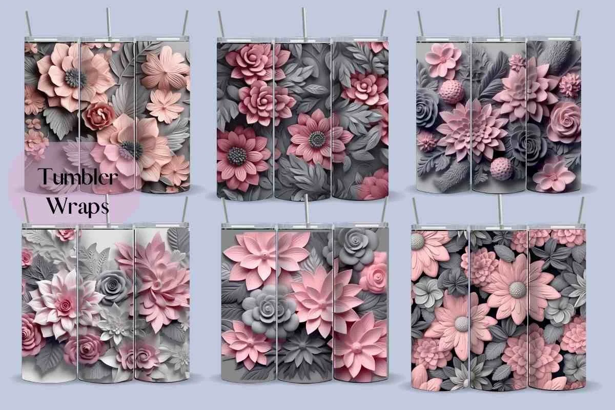 3D Flowers, Pink, Tumbler Wrap featuring flowers and leaves