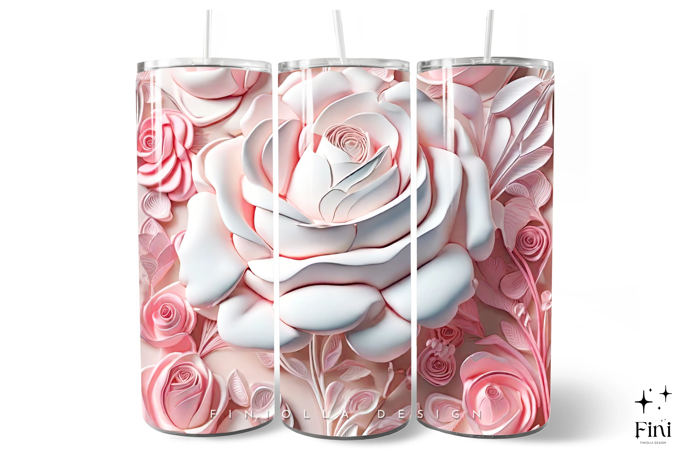 3D Flowers Tumbler Wrap | Pink Roses preview showing botanical motifs with repeat-based layout