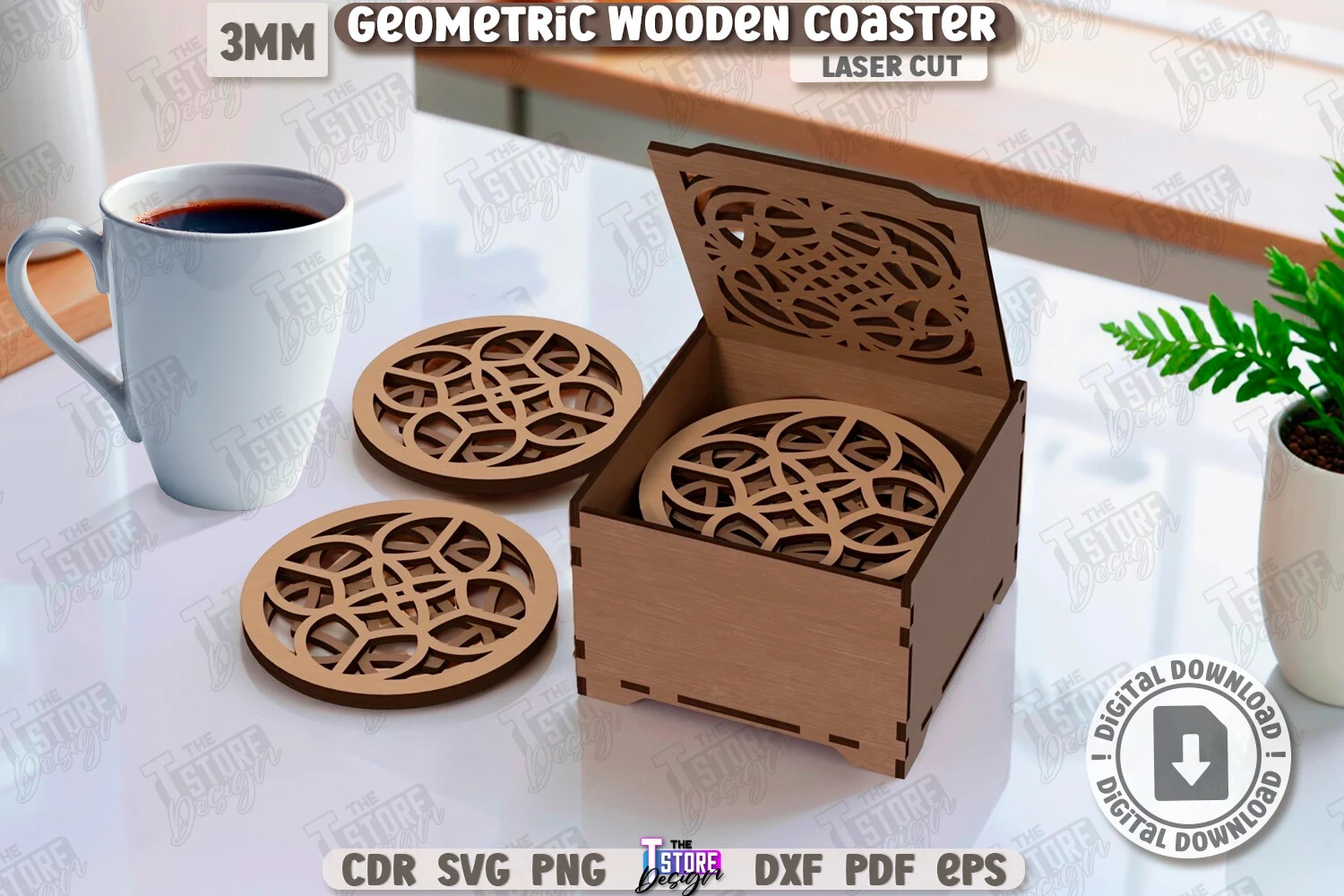 3D Geometric Coaster with Box Laser Cut featuring geometric coasters and storage box
