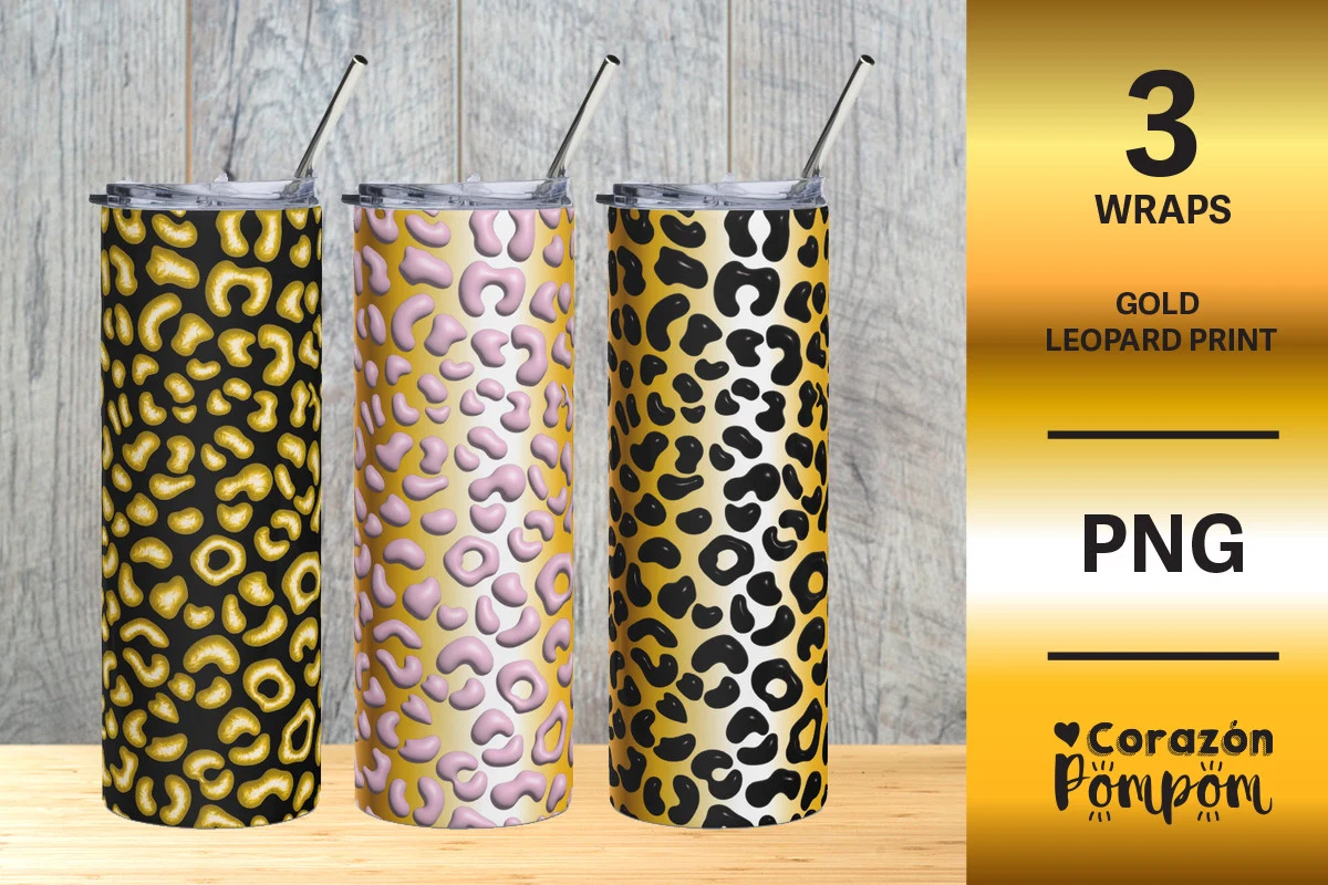 3D Gold Leopard Print Tumbler Wraps featuring leopard print pattern and animal print