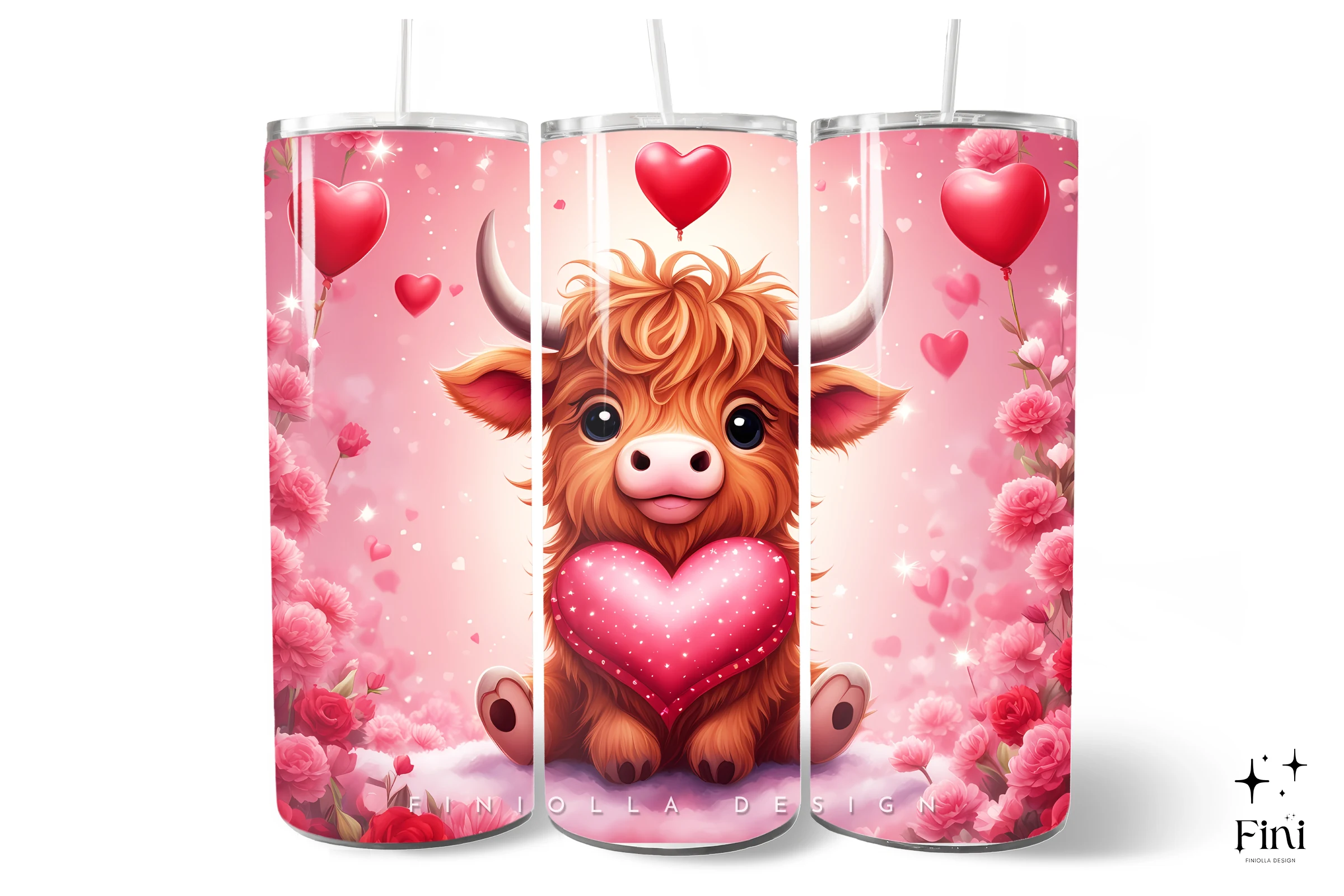 3D Highland Cow Valentines Tumbler Wraps featuring Highland cow and heart