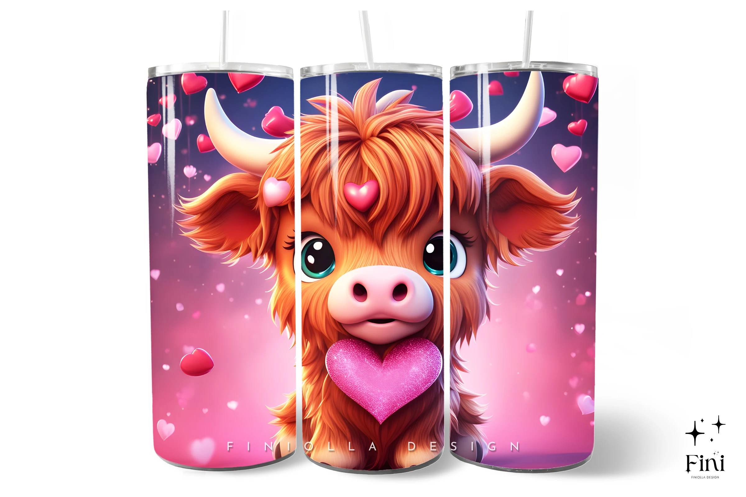 3D Highland Cow Valentines Tumbler Wraps featuring highland cow and hearts