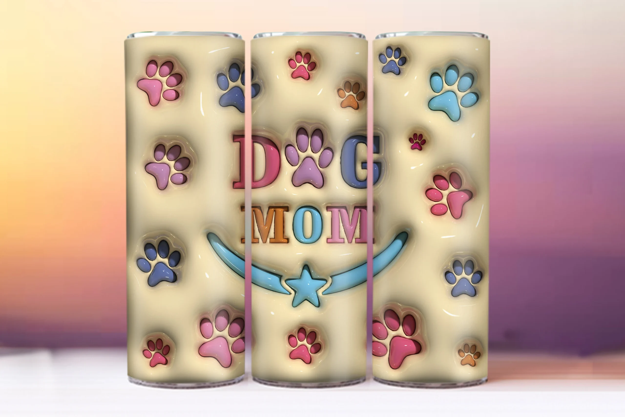 3D Inflated Dog Mom Tumbler Wrap PNG featuring paw prints and star
