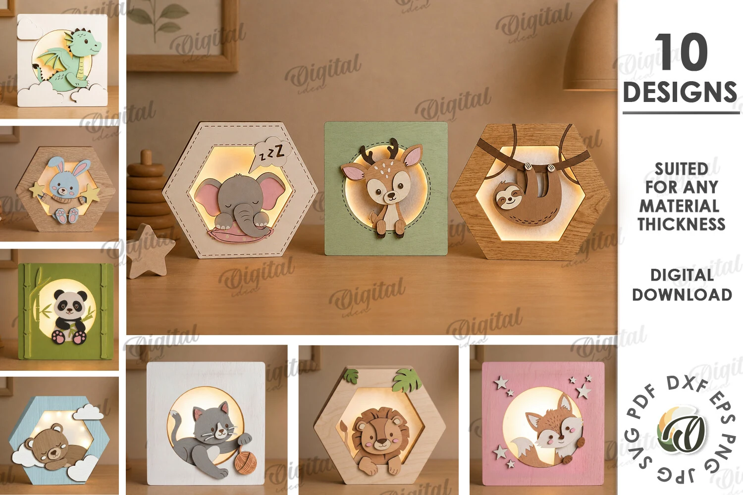 3D Kids Night Lamps Bundle Laser Cut preview showing laser-cut design with friendly character styling