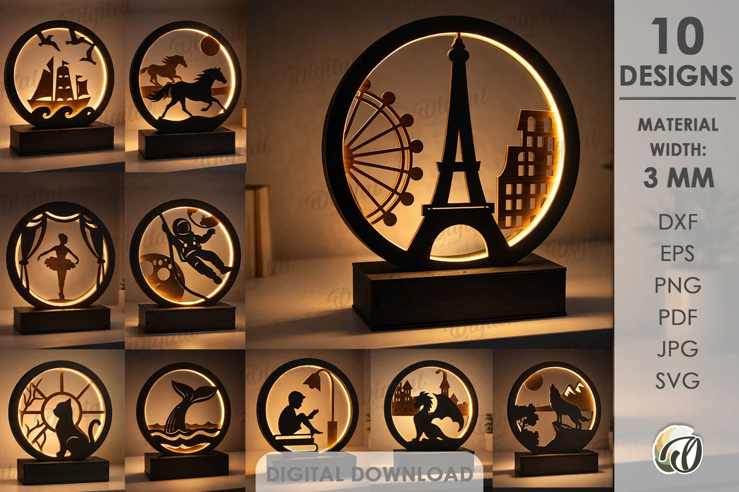 3D Led Night Lamps Bundle Laser Cut preview showing laser-cut design with silhouette