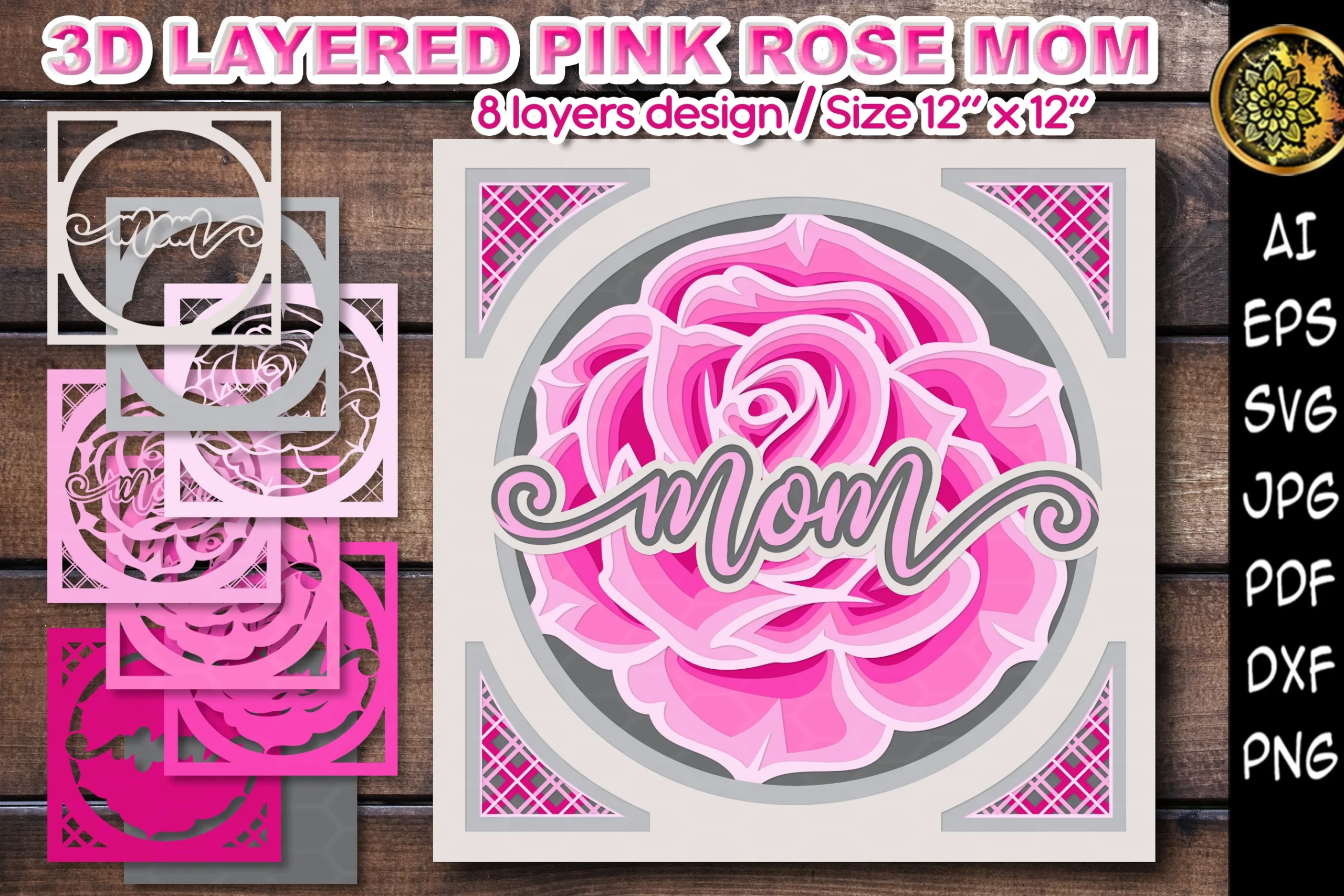 3D MOM Pink Rose SVG Clipart Cut Files featuring rose and mom