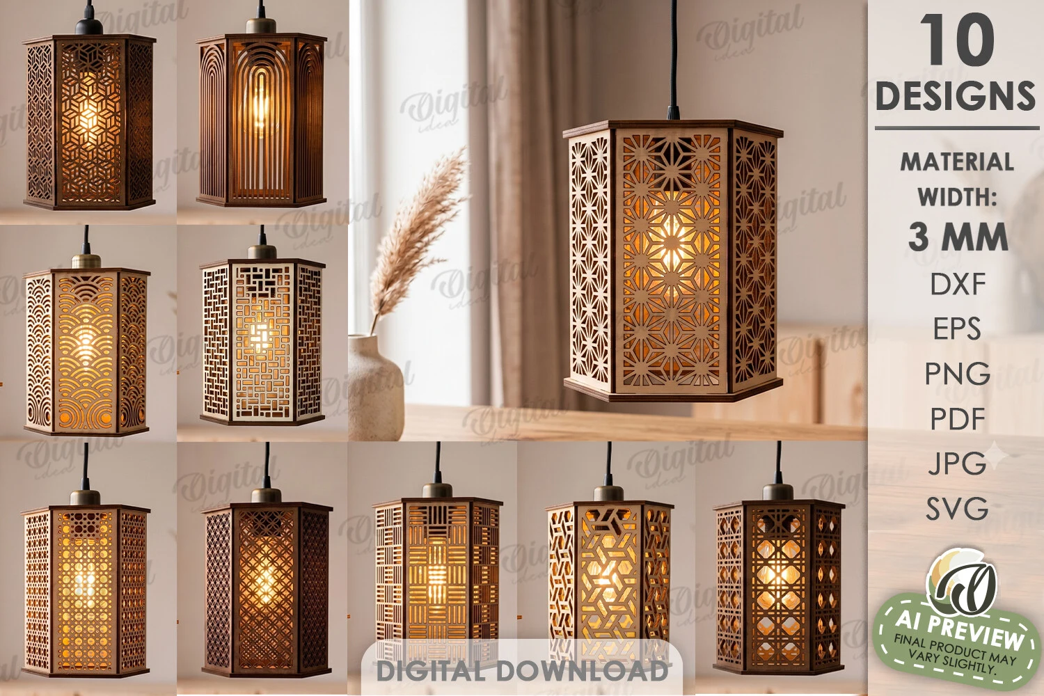3D Pendant Lamps Bundle Laser Cut preview showing laser-cut design with silhouette