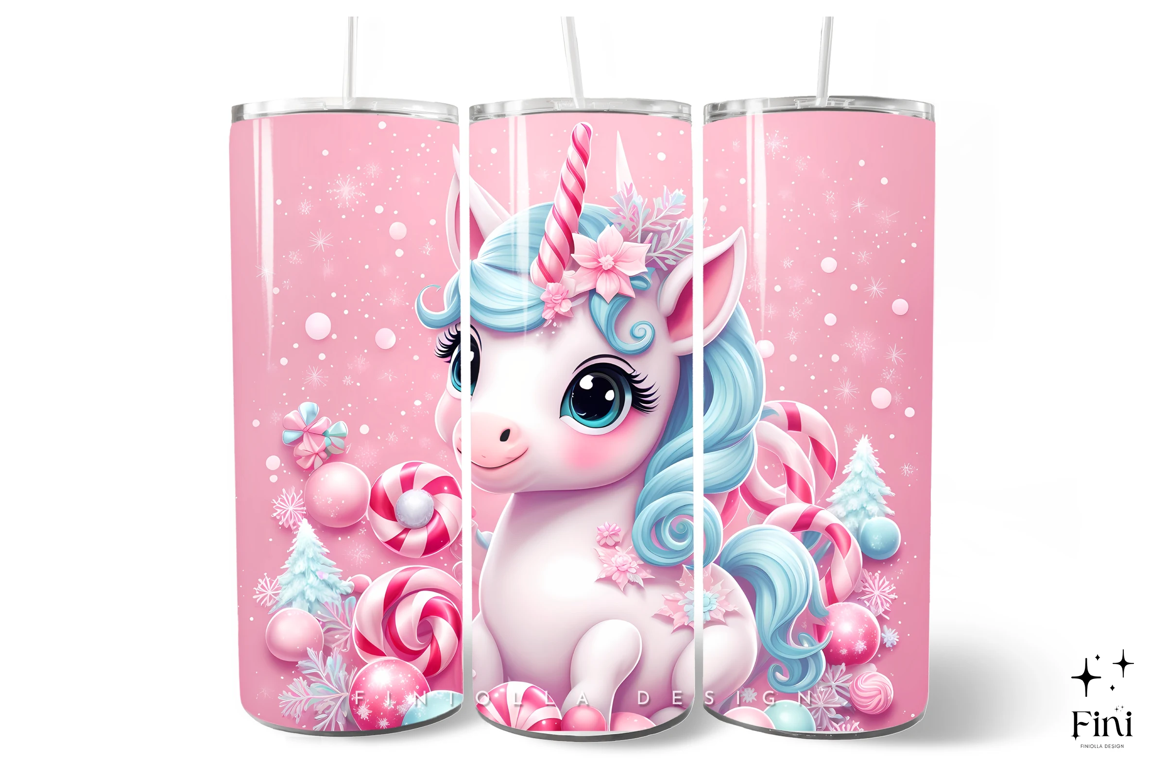 3D Pink Christmas Unicorn Tumbler Wrap sublimation design preview