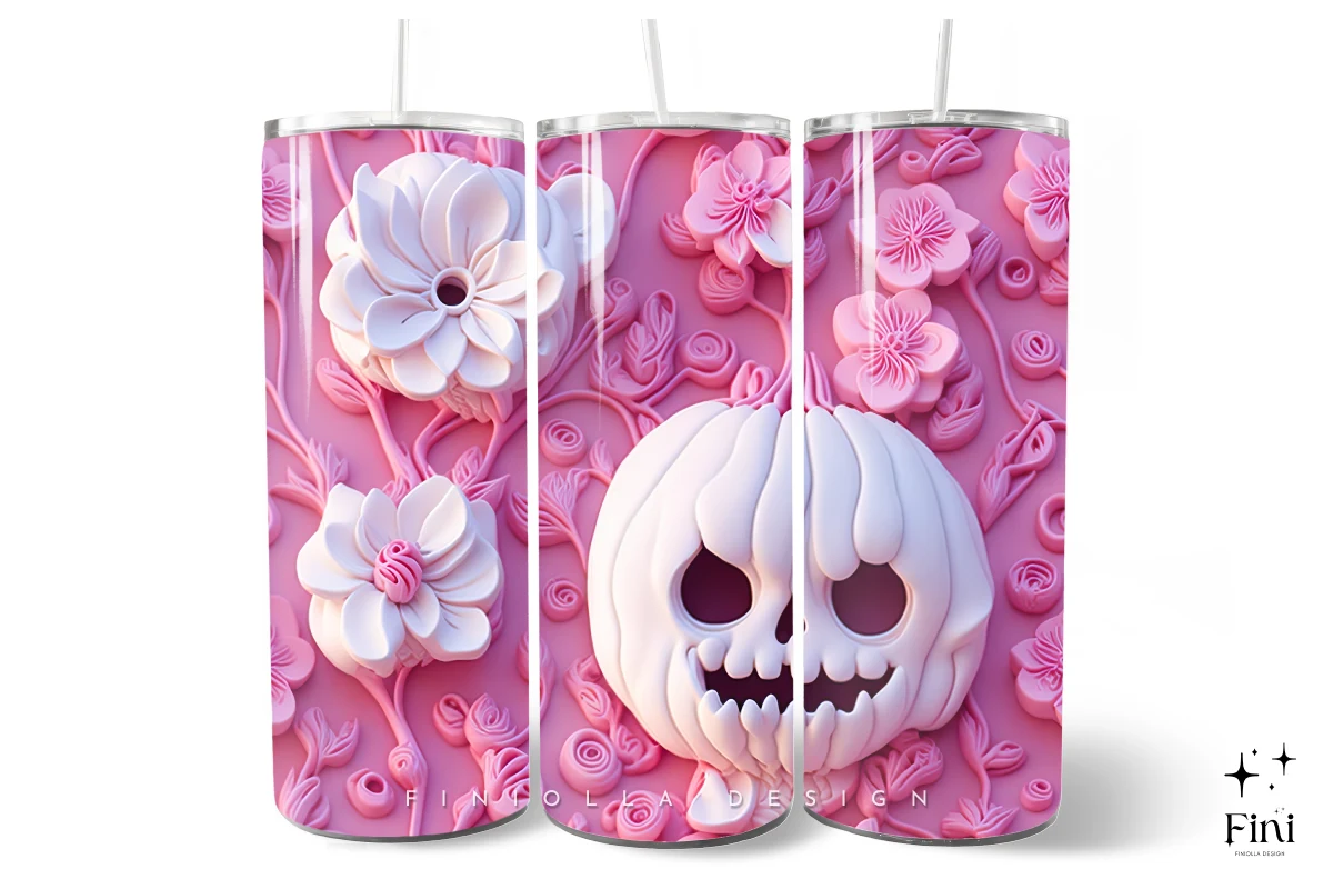 3D Pink Halloween Pumpkin Ghost Tumbler preview showing pumpkins with period-inspired styling