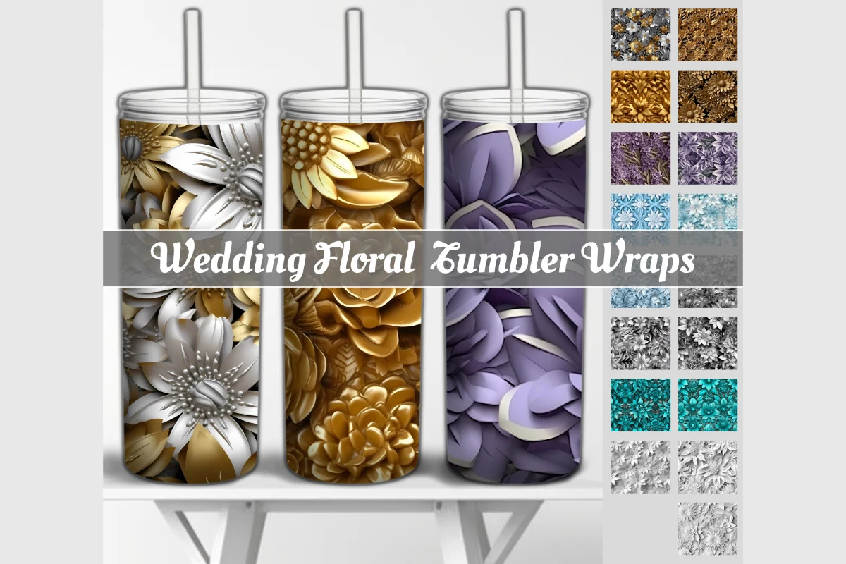 3d Wedding Floral Tumbler Wraps Bundle preview showing botanical motifs with repeat-based layout