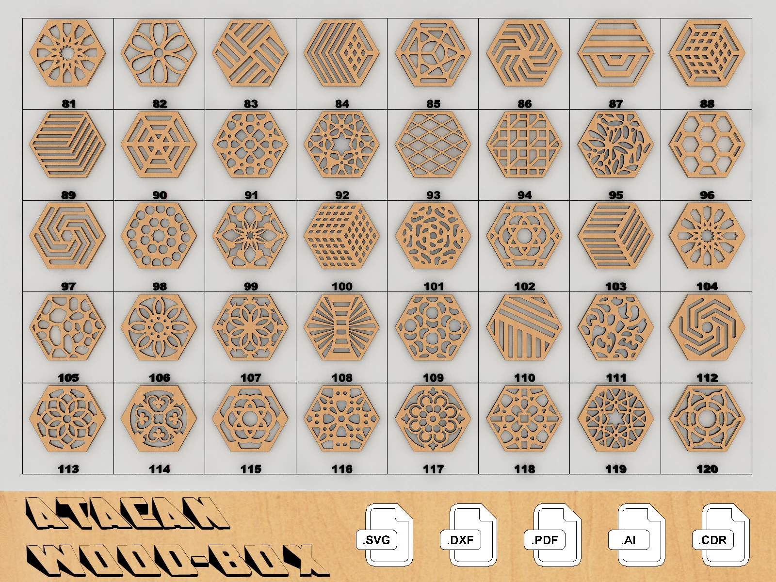 40 Laser Cut Wood Coasters Bundle 160 featuring geometric hexagons and ornamental patterns