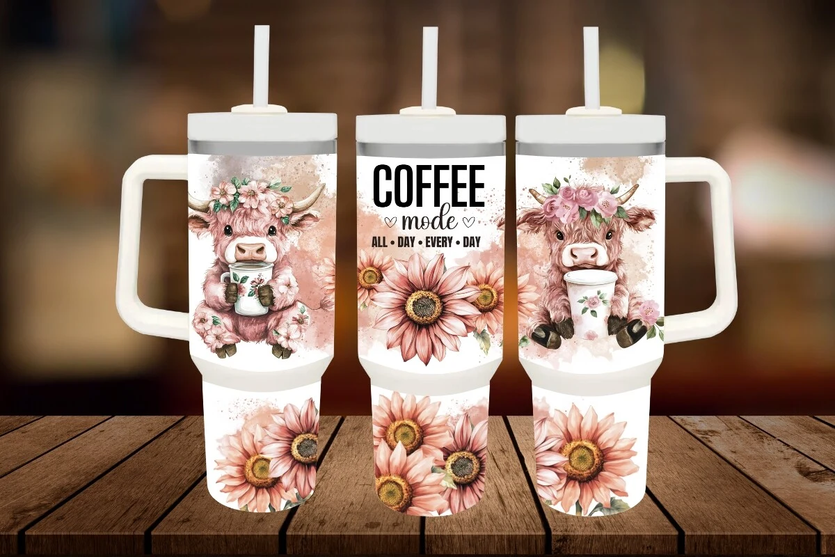 40oz Coffee Tumbler Wrap featuring highland cow and sunflower