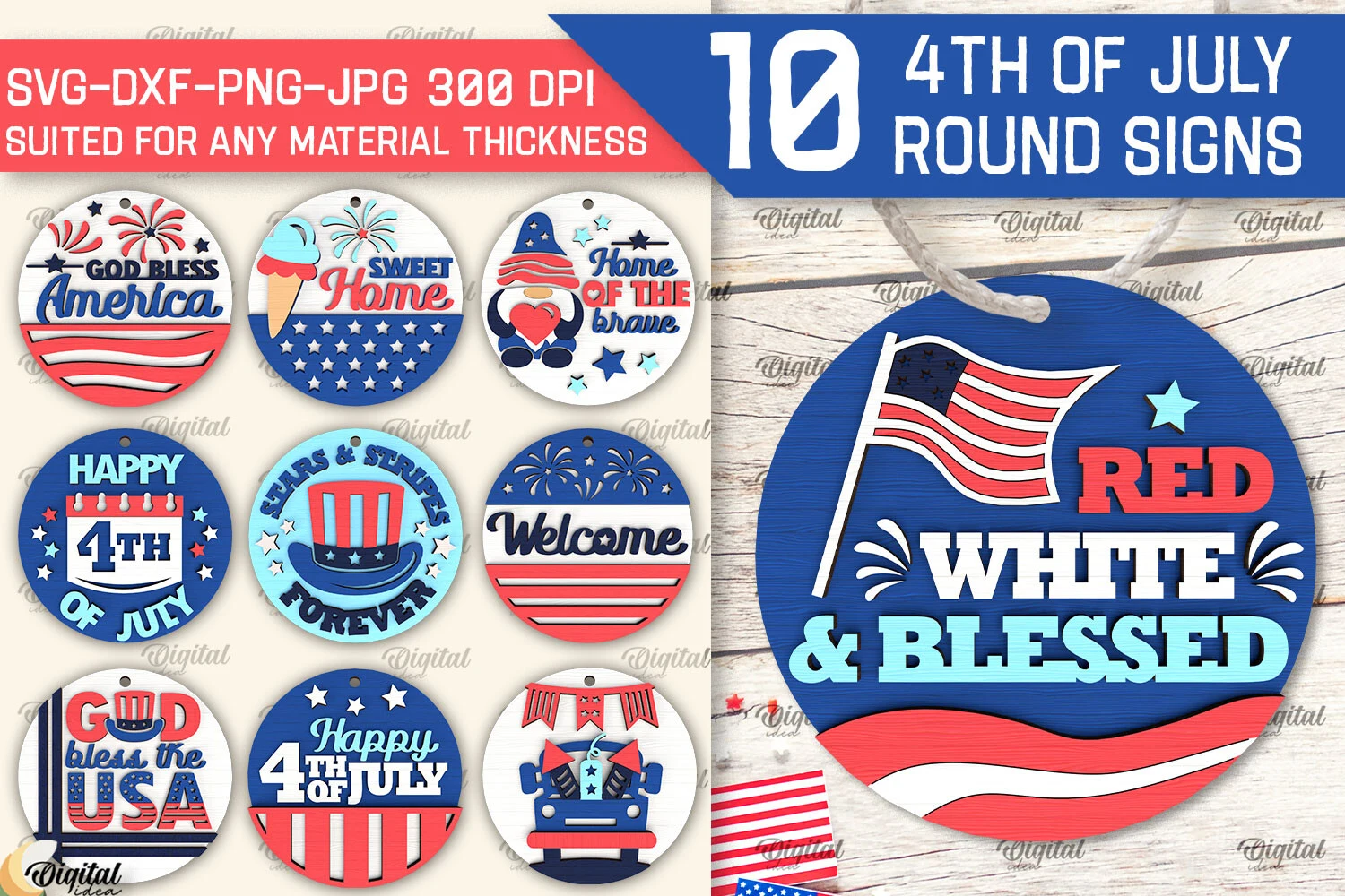 4th of July Round Signs Laser Cut Bundle featuring round signs and patriotic symbols