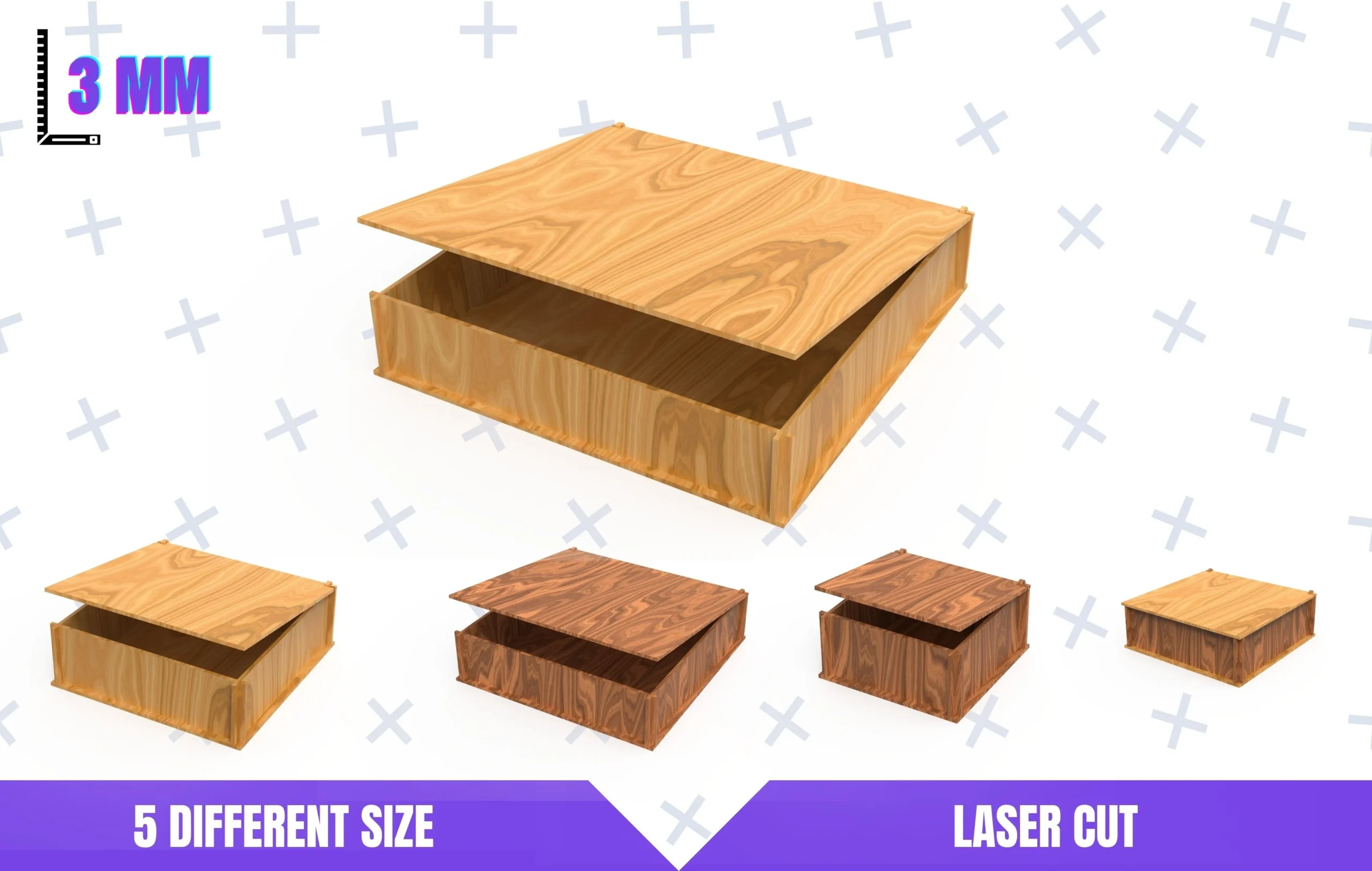 5 Diffrent Laser Cut Square Boxes featuring wooden storage box and box lid