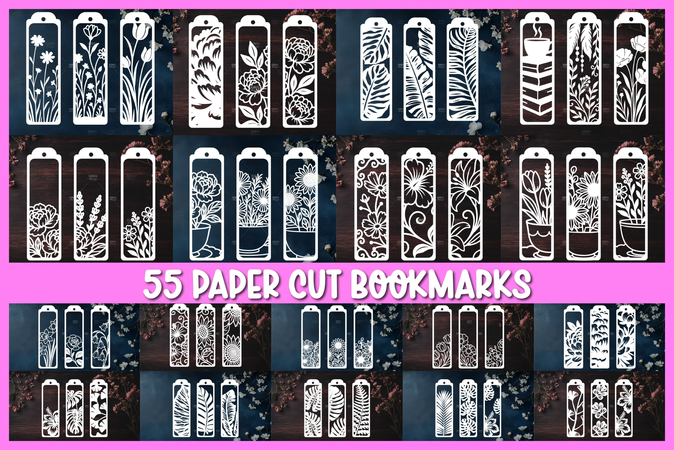 55 Floral Bookmarks Paper Cut SVG featuring flowers and leaves