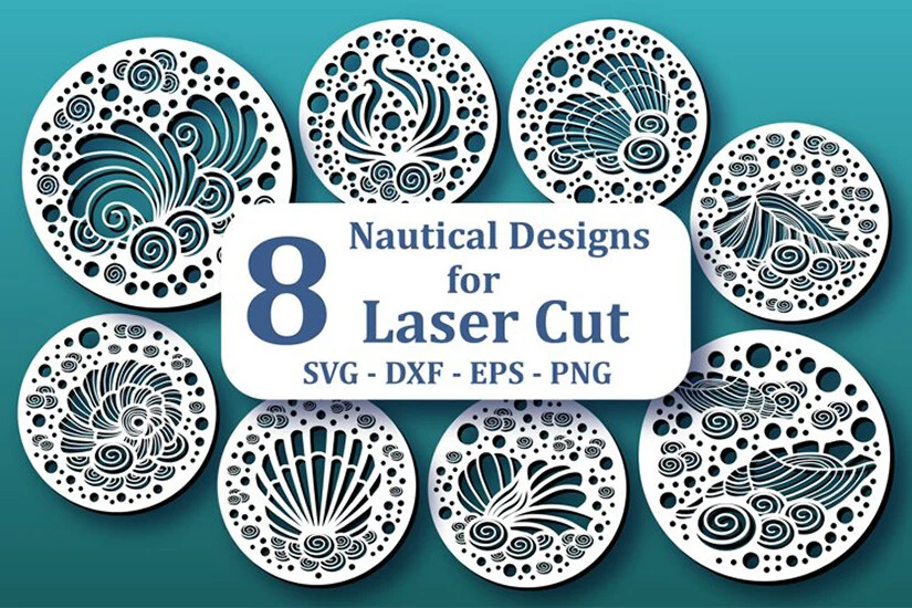 8 Nautical Designs for Laser Cutting featuring seashells and ocean waves